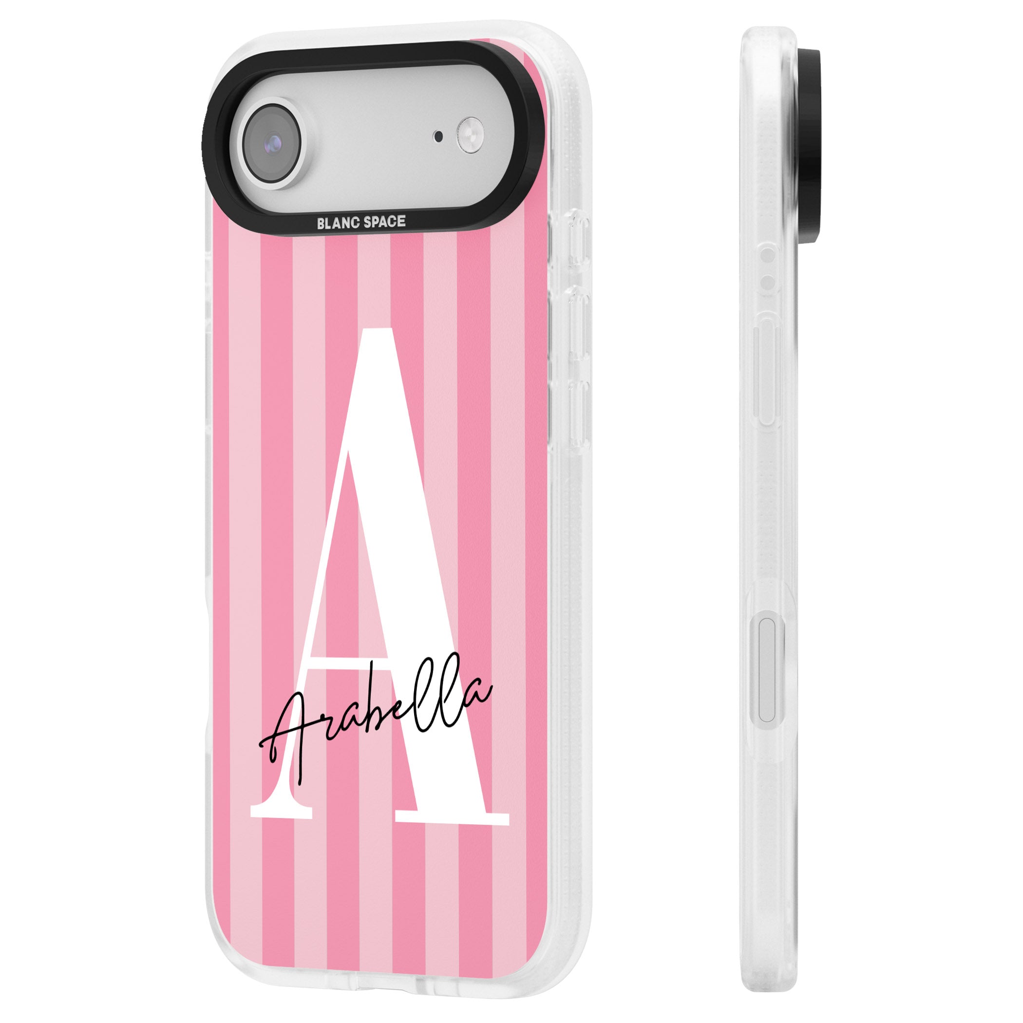 Personalised Pink Stripes Initial iPhone 17 Air Impact Air Clear Phone Case Side Profile
