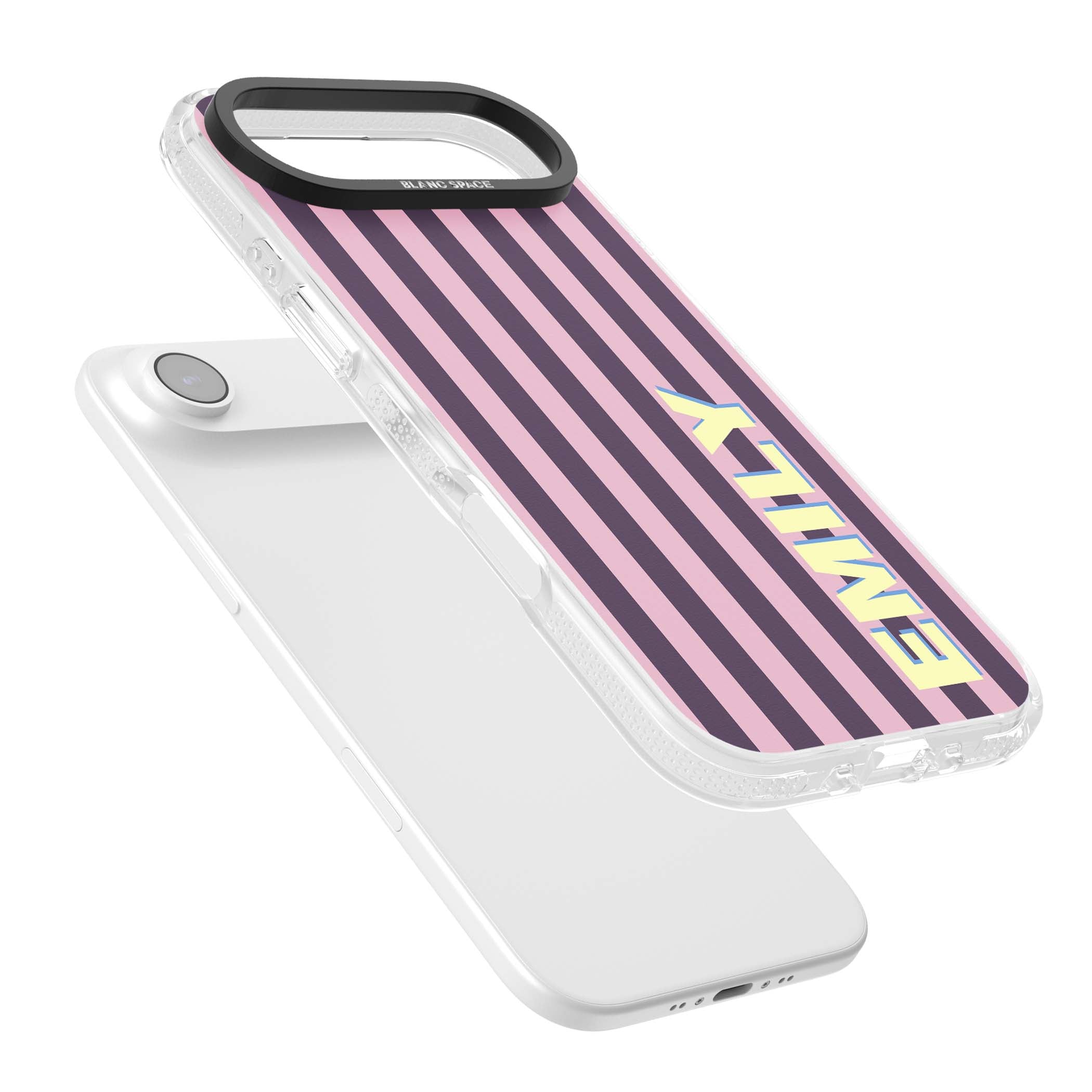 Tyre Stripe personalised stripe iPhone case with plum and pink vertical stripes and custom yellow name | Clear Case Impact Air case for iPhone Air