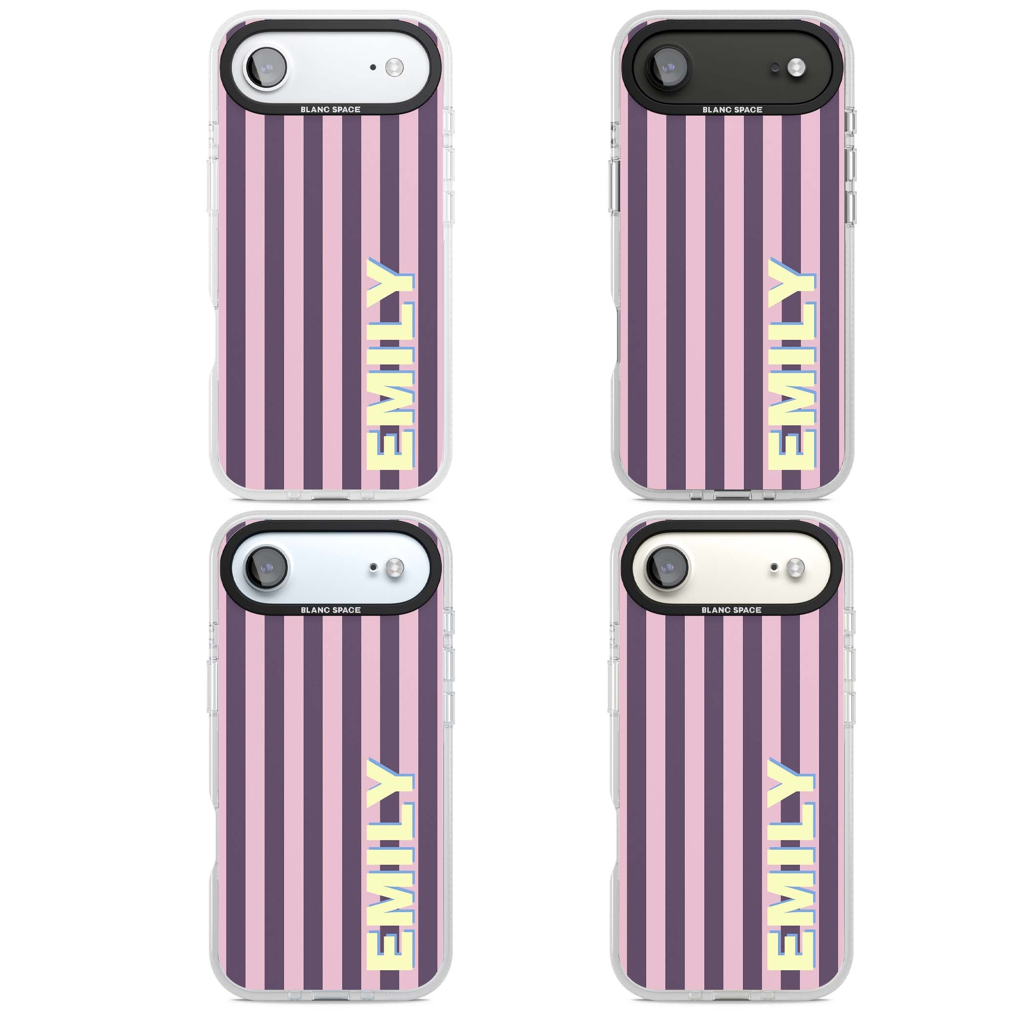 Tyre Stripe personalised stripe iPhone case with plum and pink vertical stripes and custom yellow name | Clear Case Impact Air case for iPhone Air