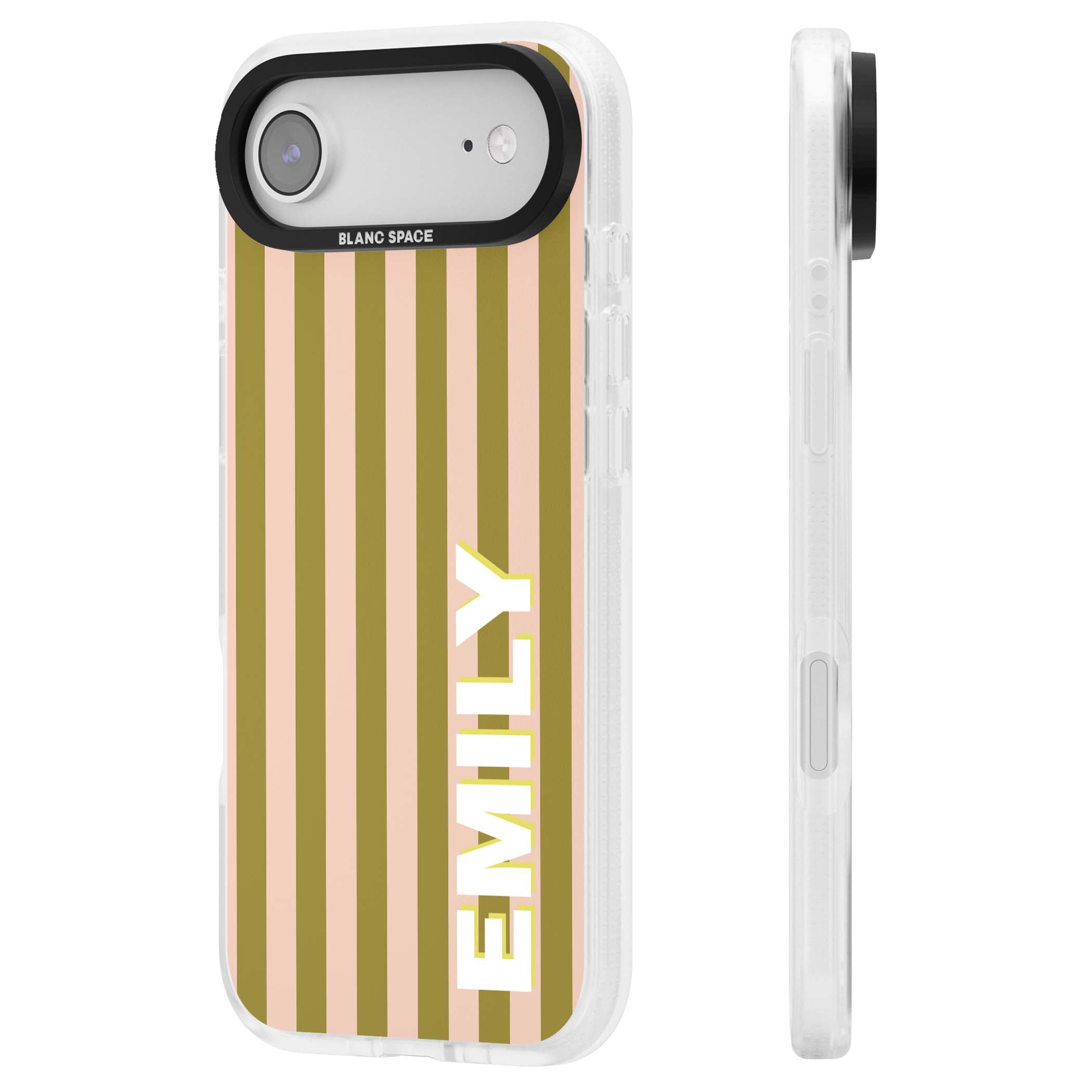 Indian Stripe personalised iPhone case featuring olive green and blush pink vertical stripes with custom name in whit | Clear Case Impact Air case for iPhone Air