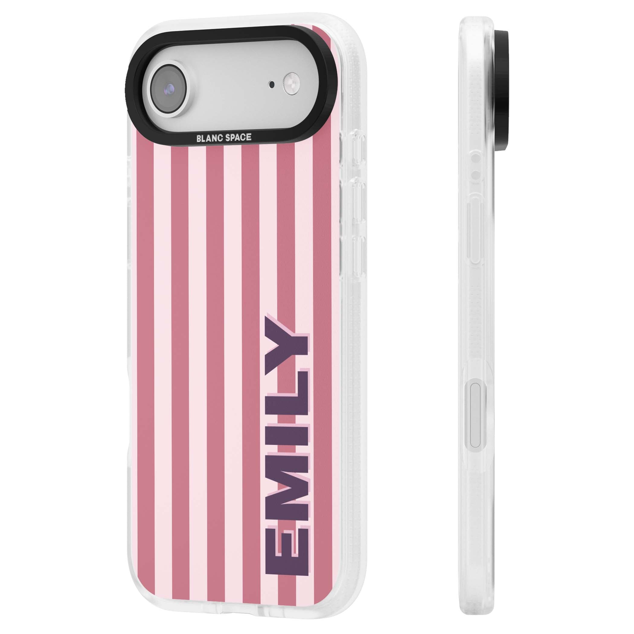 Victoria Stripe personalised iPhone case featuring pink vertical stripes and custom name in bold plum lettering | Clear Case Impact Air case for iPhone Air