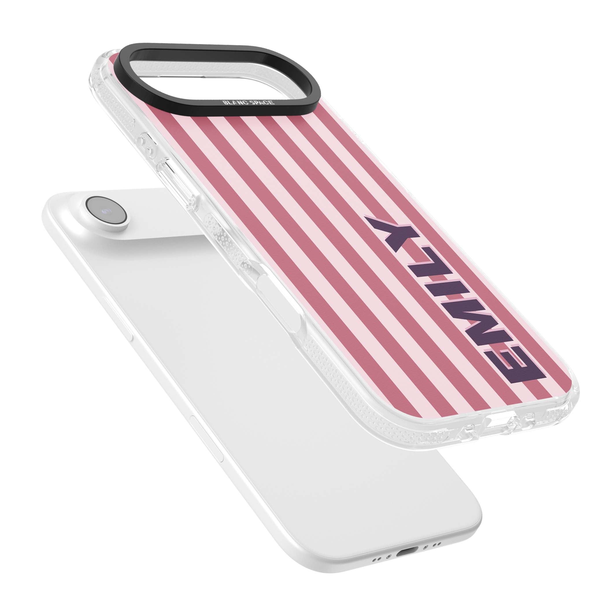 Victoria Stripe personalised iPhone case featuring pink vertical stripes and custom name in bold plum lettering | Clear Case Impact Air case for iPhone Air