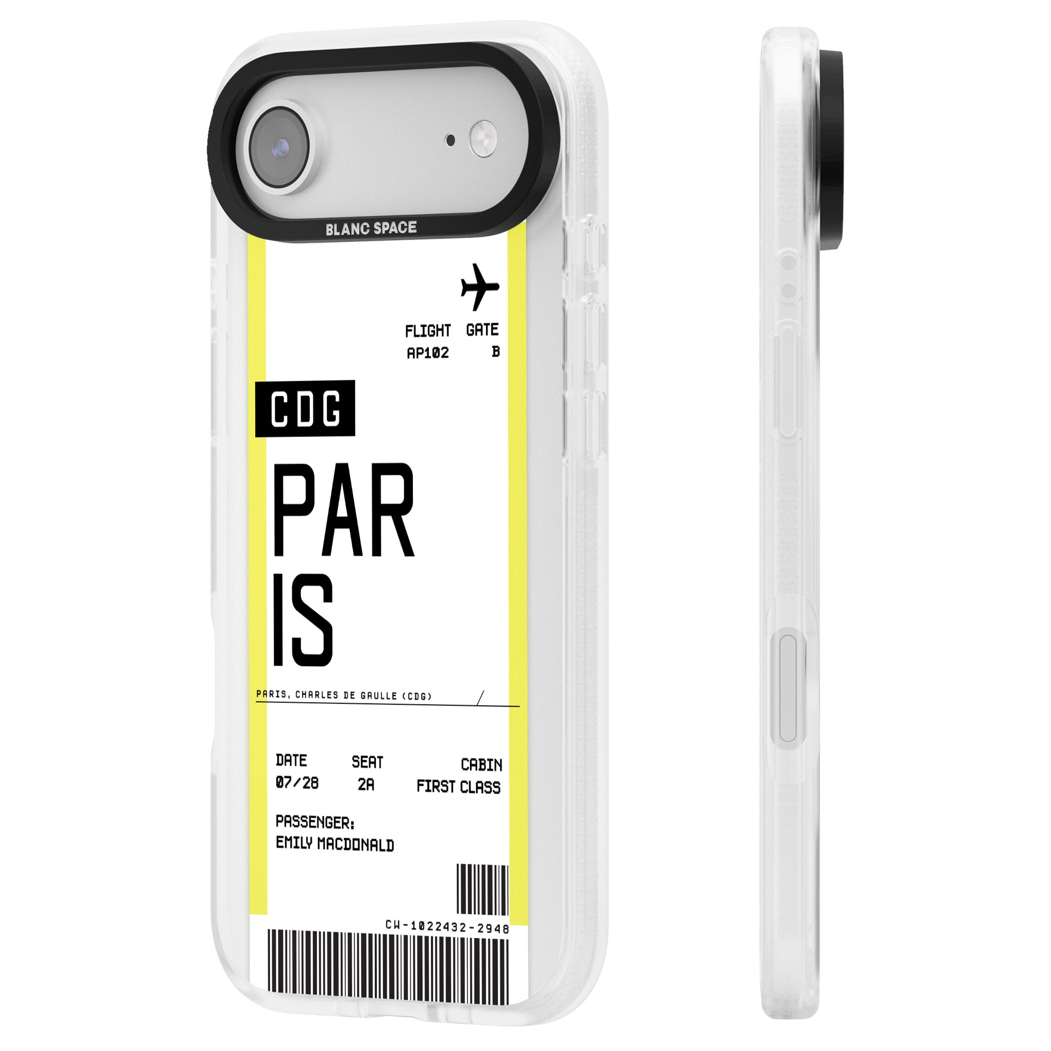 Personalised Paris Boarding Pass iPhone 17 Air Impact Air Clear Phone Case Side Profile