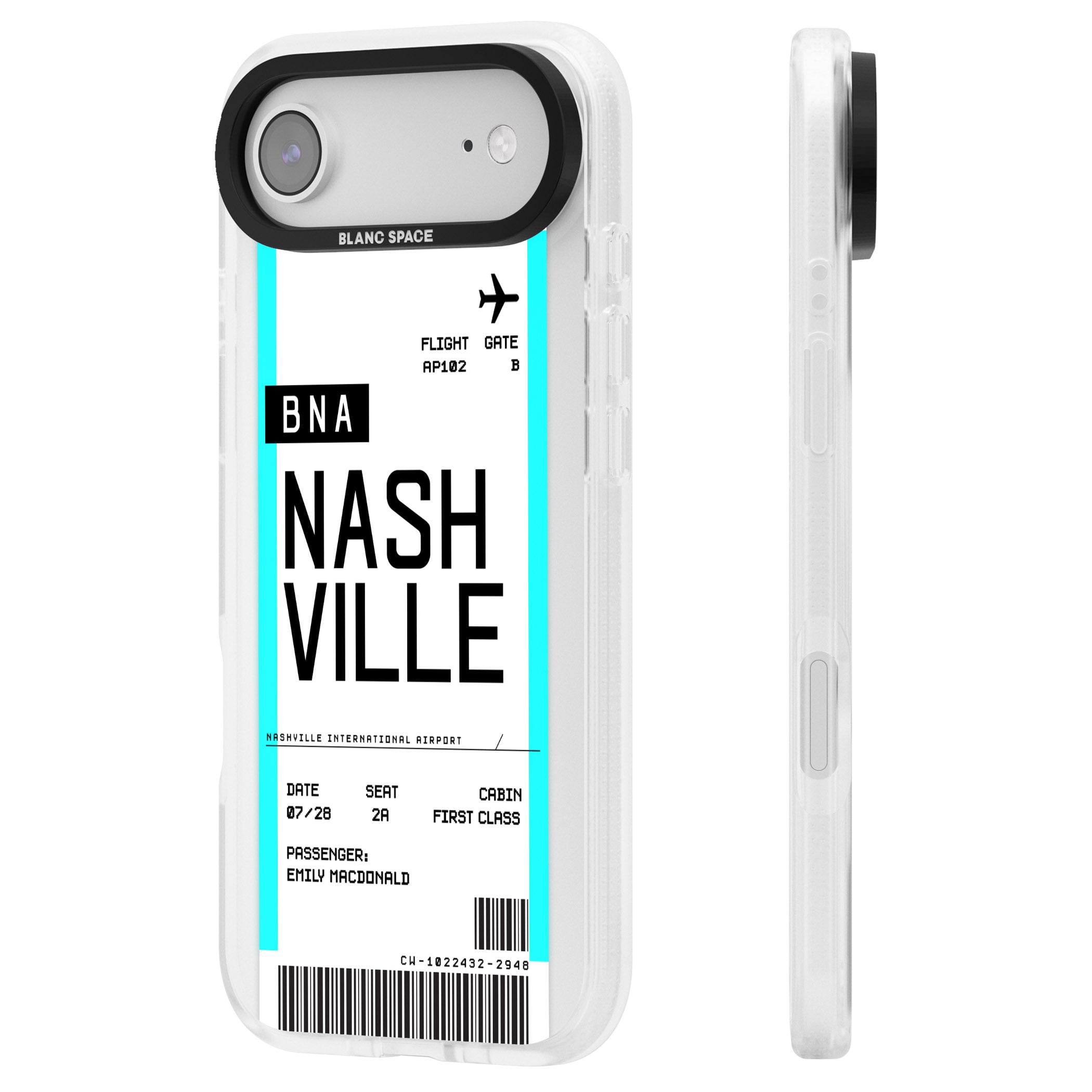 Personalised Nashville Boarding Pass iPhone 17 Air Impact Air Clear Phone Case Side Profile