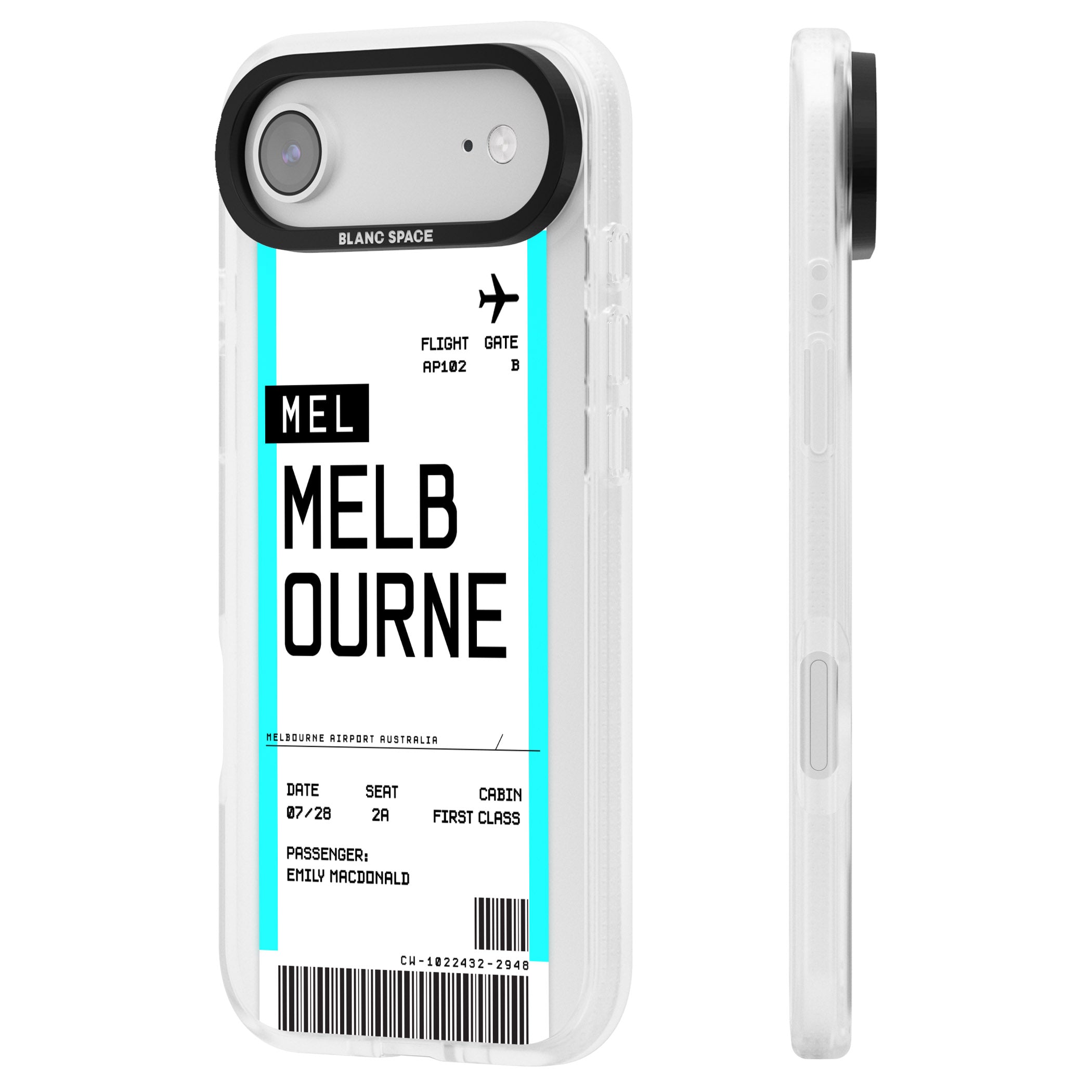 Personalised Melbourne Boarding Pass iPhone 17 Air Impact Air Clear Phone Case Side Profile