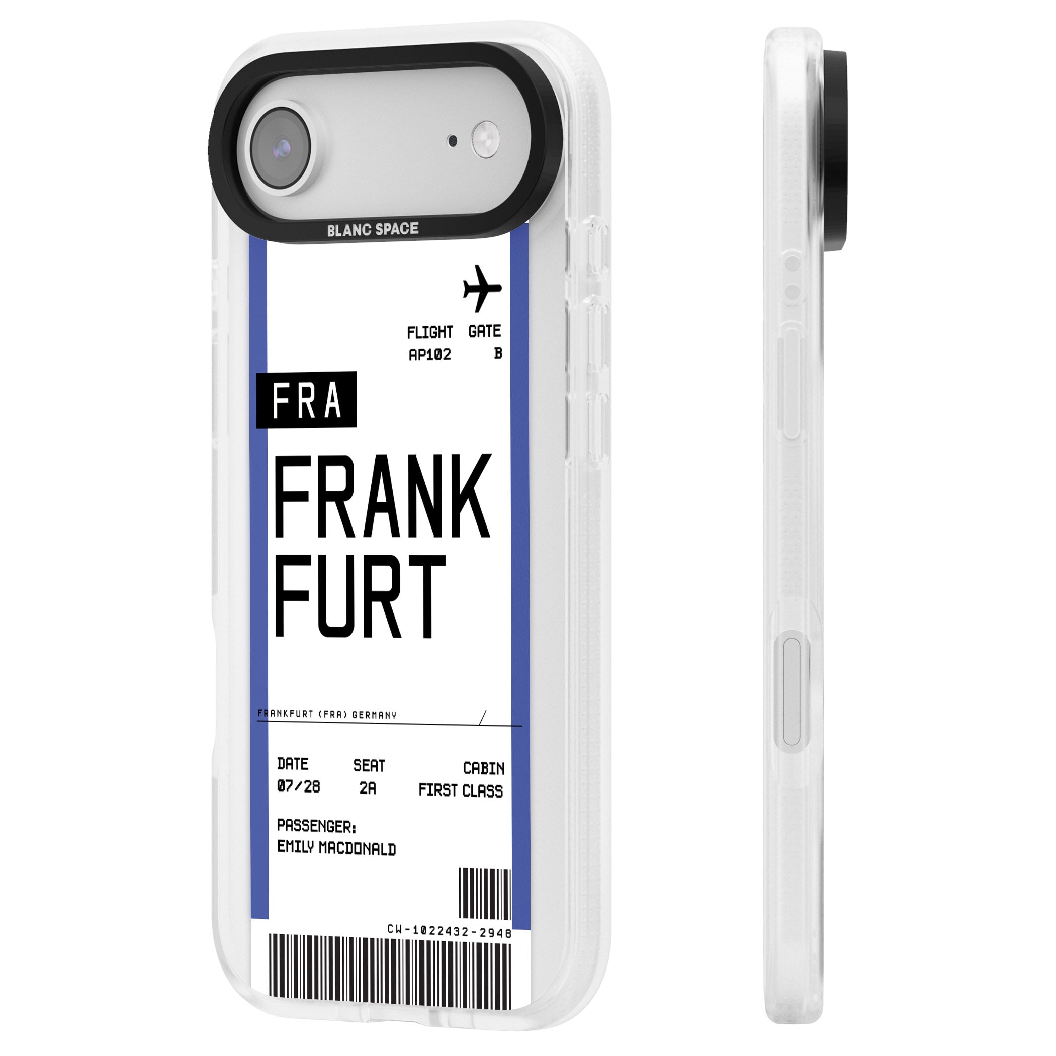 Personalised Frankfurt Boarding Pass iPhone 17 Air Impact Air Clear Phone Case Side Profile