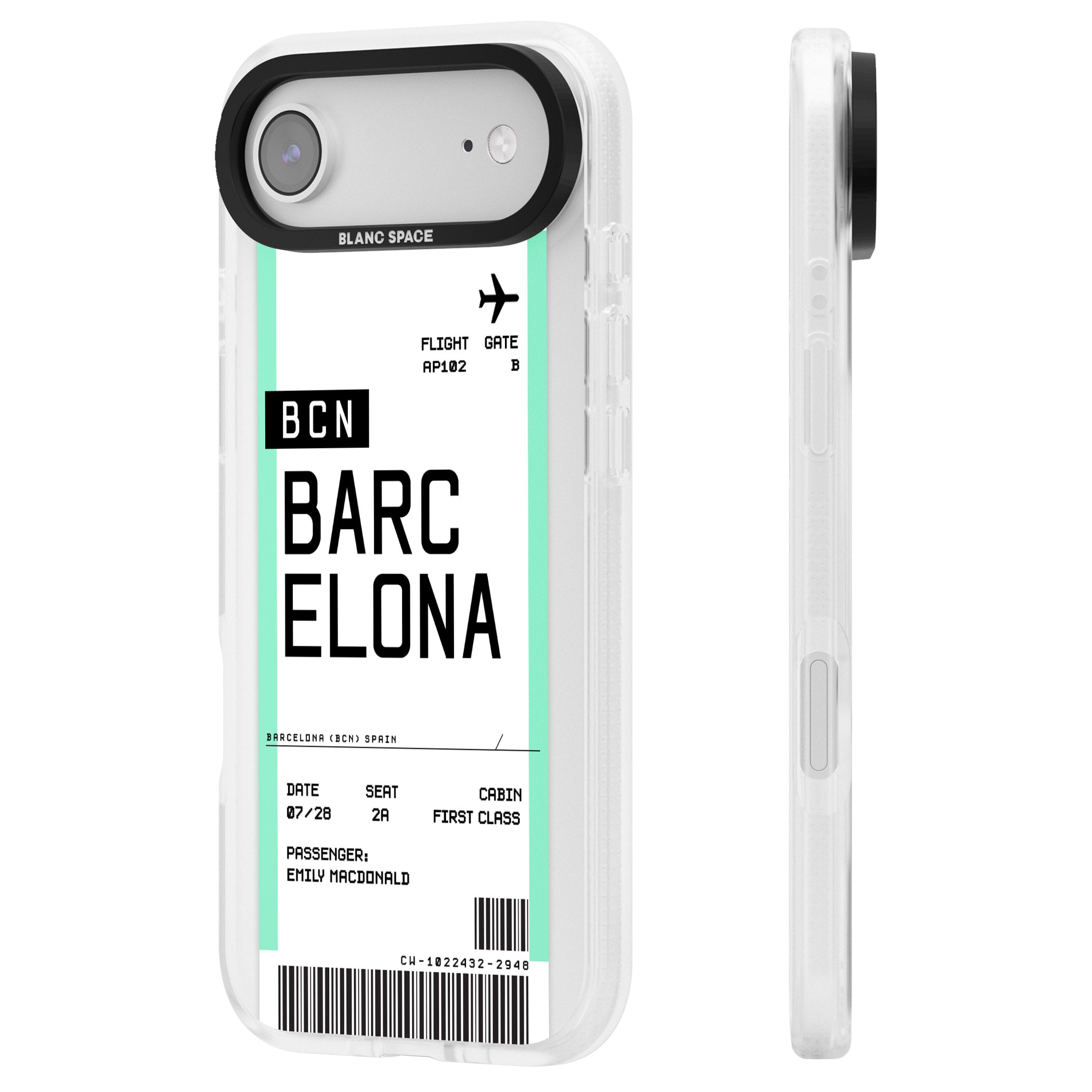Personalised Barcelona Boarding Pass iPhone 17 Air Impact Air Clear Phone Case Side Profile
