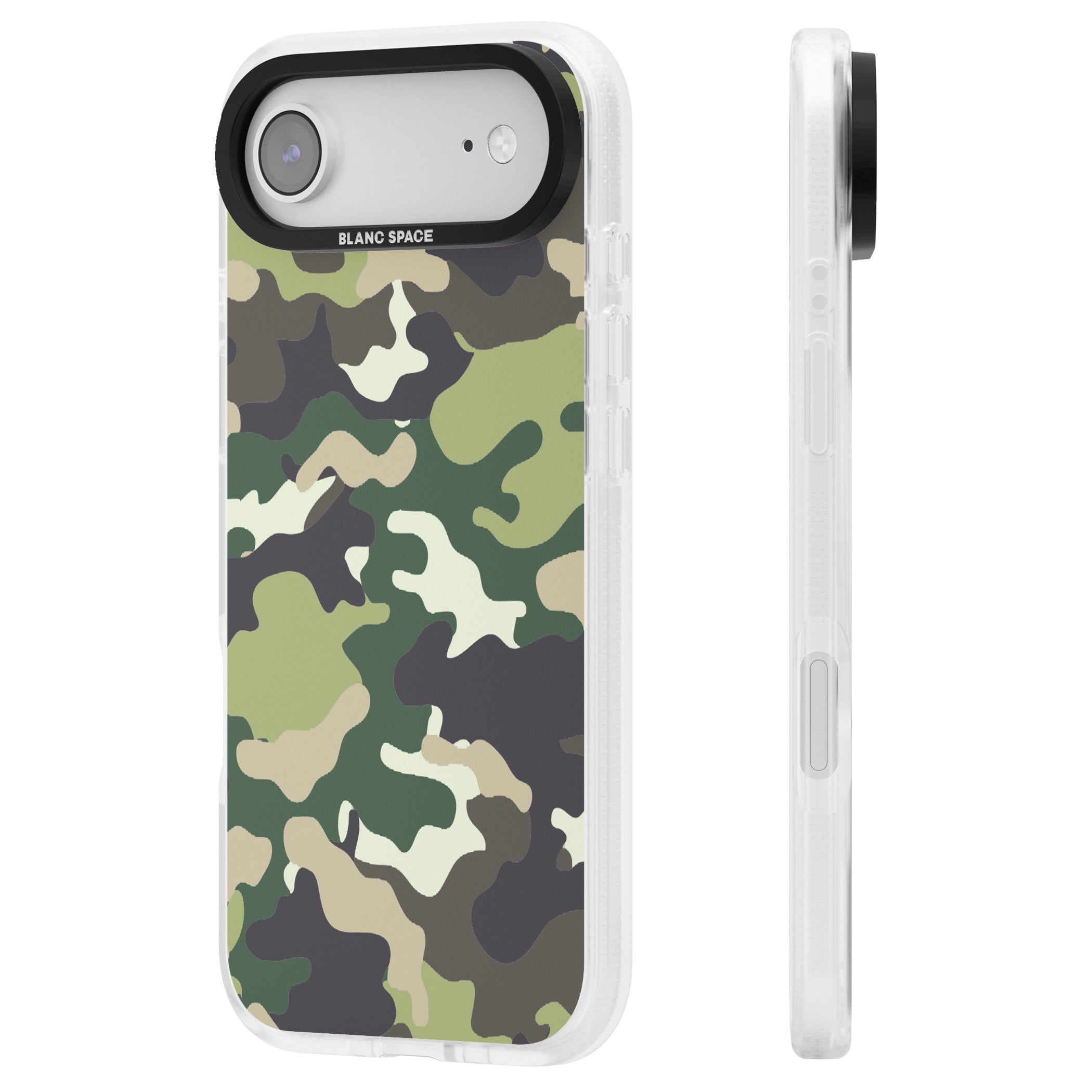 Green Camo iPhone 17 Air Impact Air Clear Phone Case Side Profile