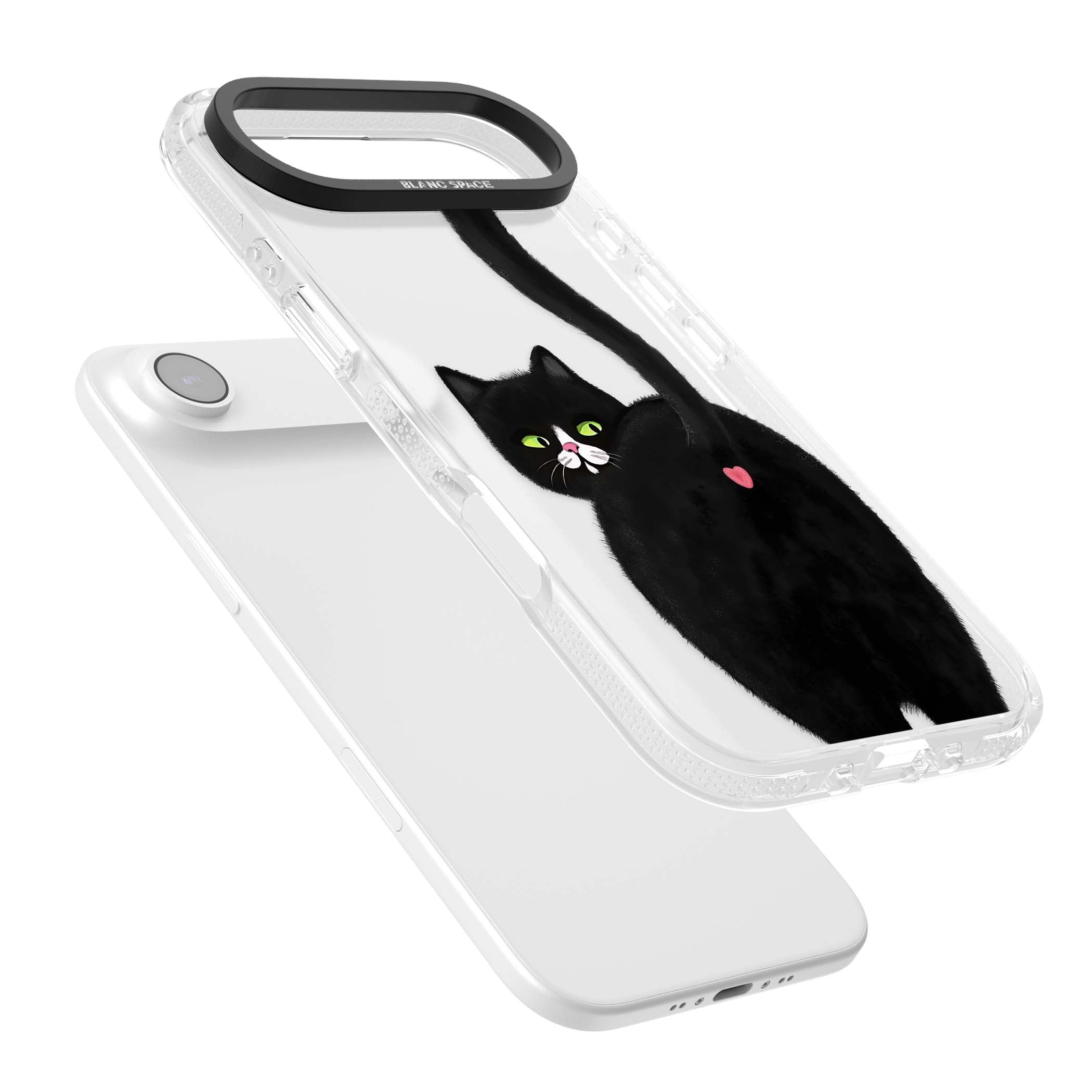 The Cat's Kiss cute cat iPhone case featuring a hand-painted tuxedo kitty with green eyes and a pink heart on a clear | Clear Case Impact Air case for iPhone Air