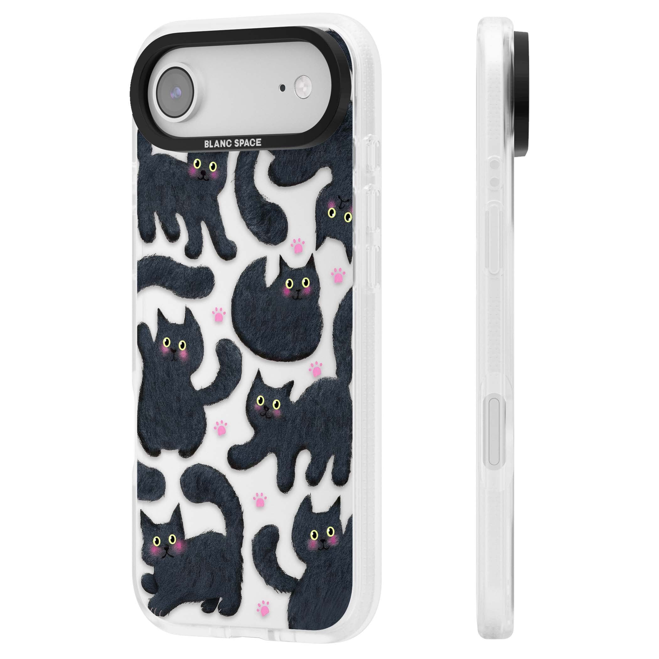 Midnight Cats cute iPhone case featuring black cat pattern with yellow eyes and pink paw prints | Clear Case Impact Air case for iPhone Air