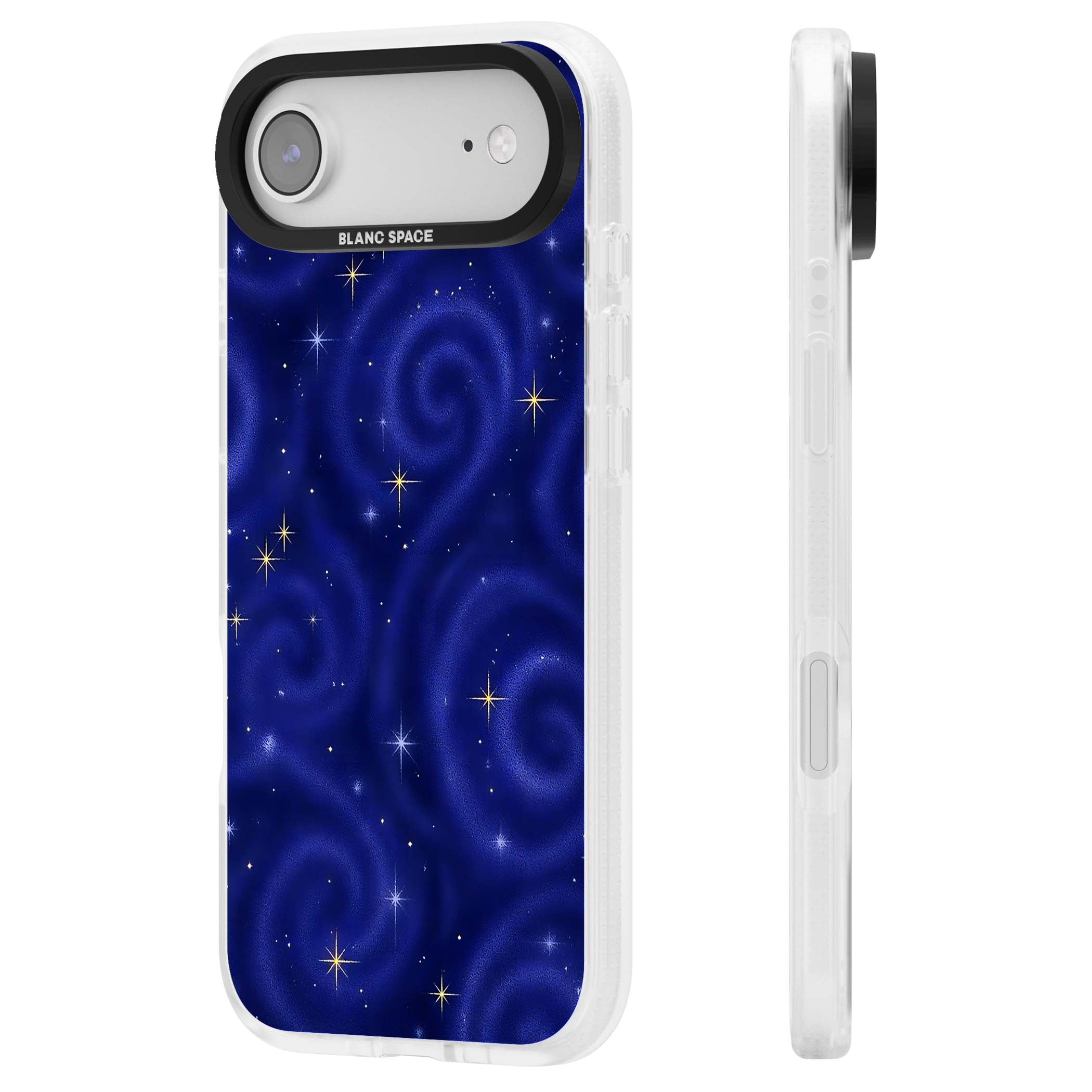 Indigo Cosmos celestial iPhone case featuring swirling navy night sky and sparkling golden stars | Clear Case Impact Air case for iPhone Air