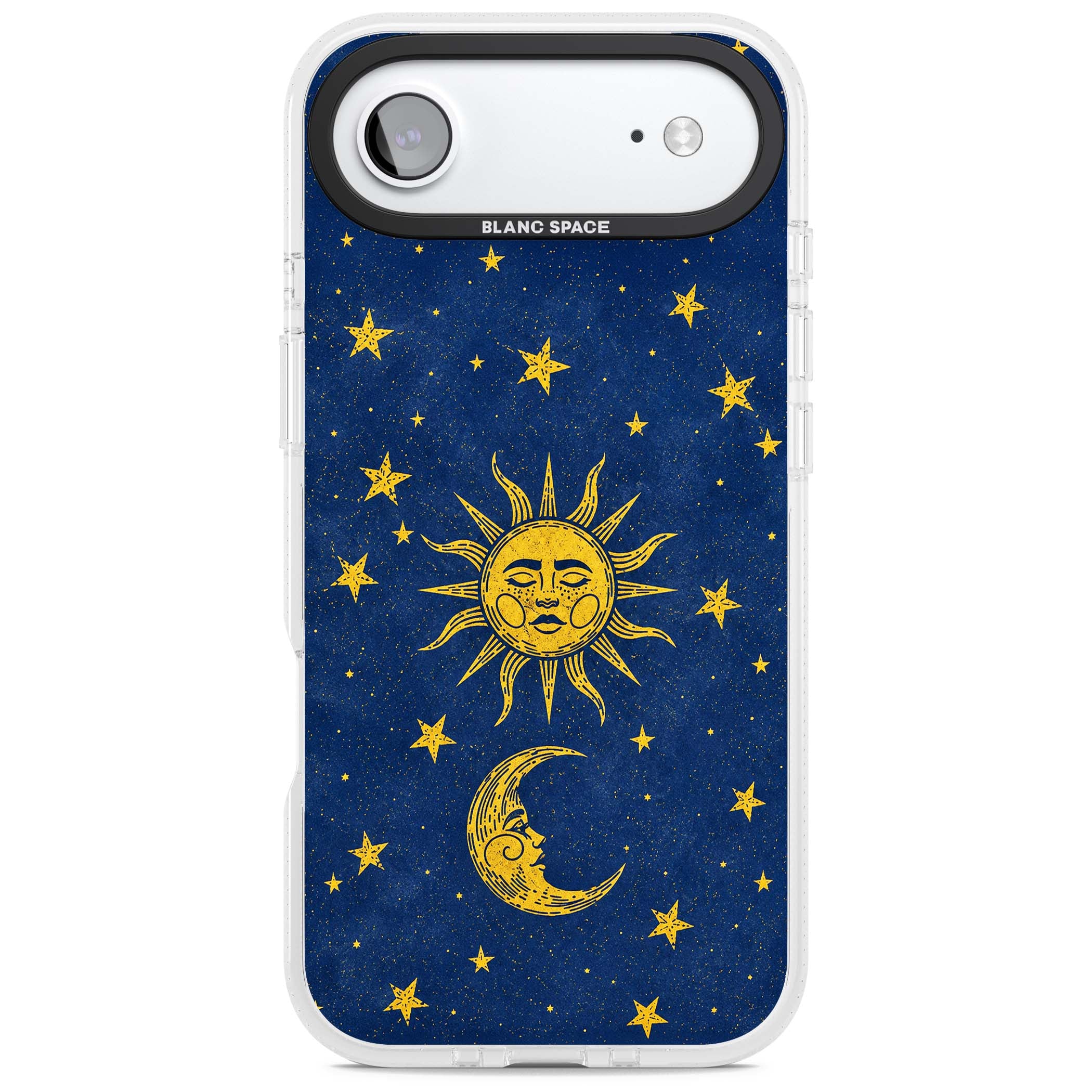 Sun & Moon Reverie celestial iPhone case featuring a vintage golden sun, crescent moon and scattered stars on midnight blue | Clear Case Impact Air case for iPhone Air