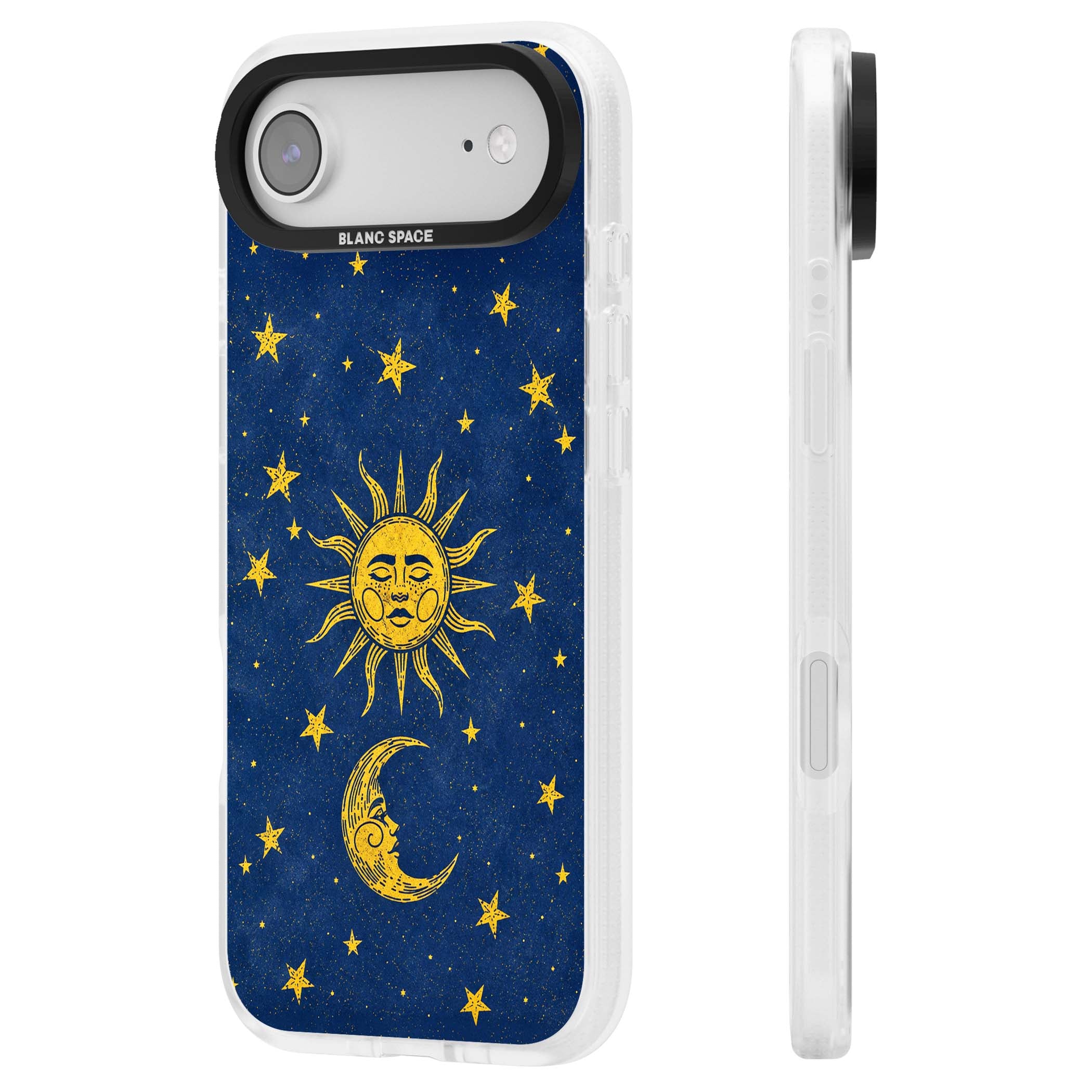 Sun & Moon Reverie celestial iPhone case featuring a vintage golden sun, crescent moon and scattered stars on midnight blue | Clear Case Impact Air case for iPhone Air