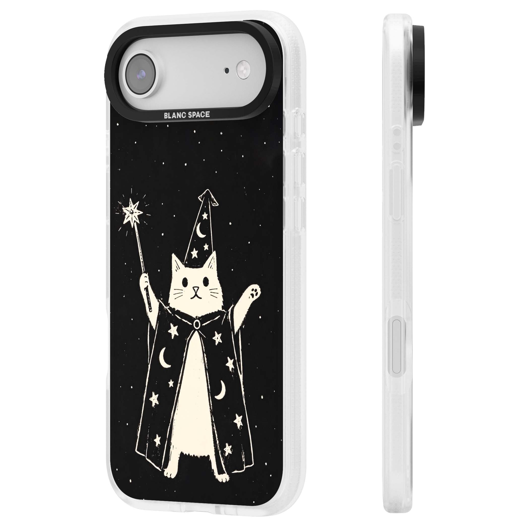 Whisker Wizard celestial cat iPhone case featuring a wizard cat with magic wand, starry night sky and crescent moons | Clear Case Impact Air case for iPhone Air