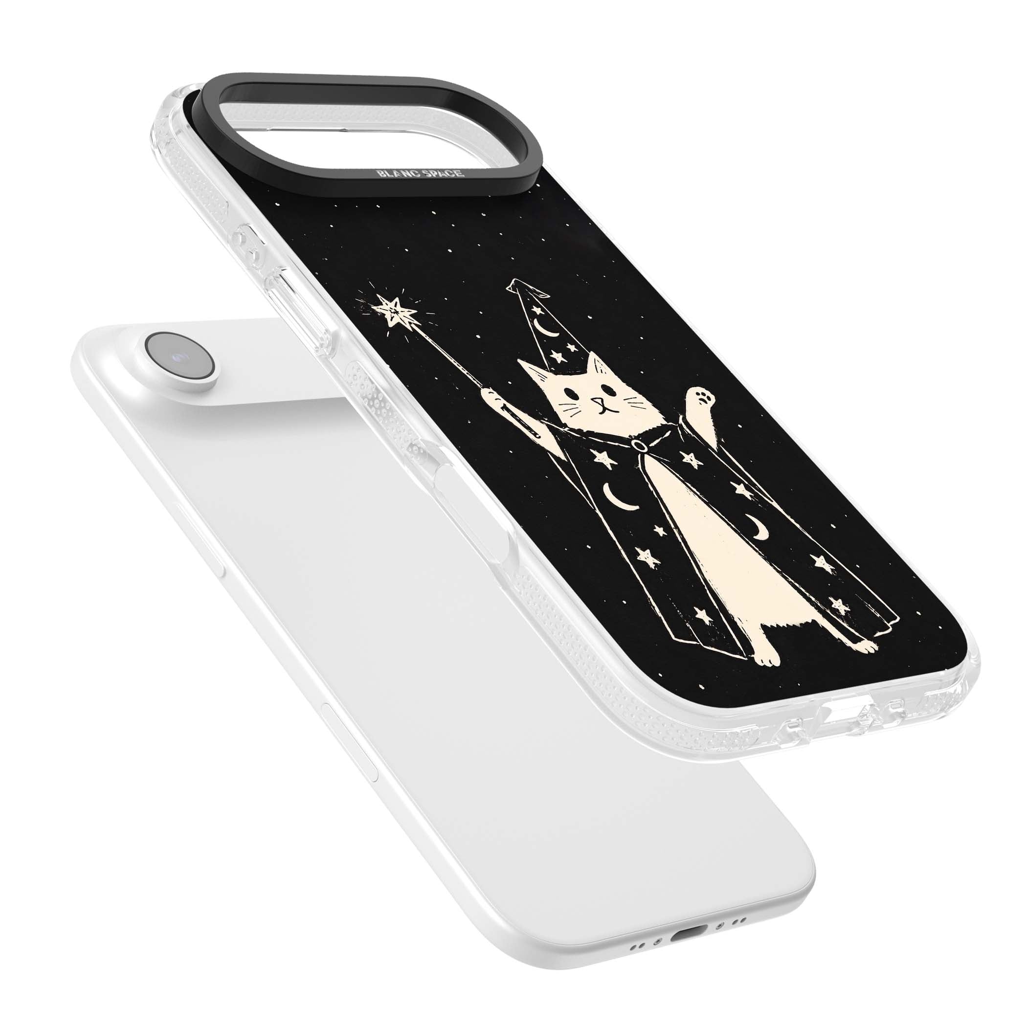 Whisker Wizard celestial cat iPhone case featuring a wizard cat with magic wand, starry night sky and crescent moons | Clear Case Impact Air case for iPhone Air