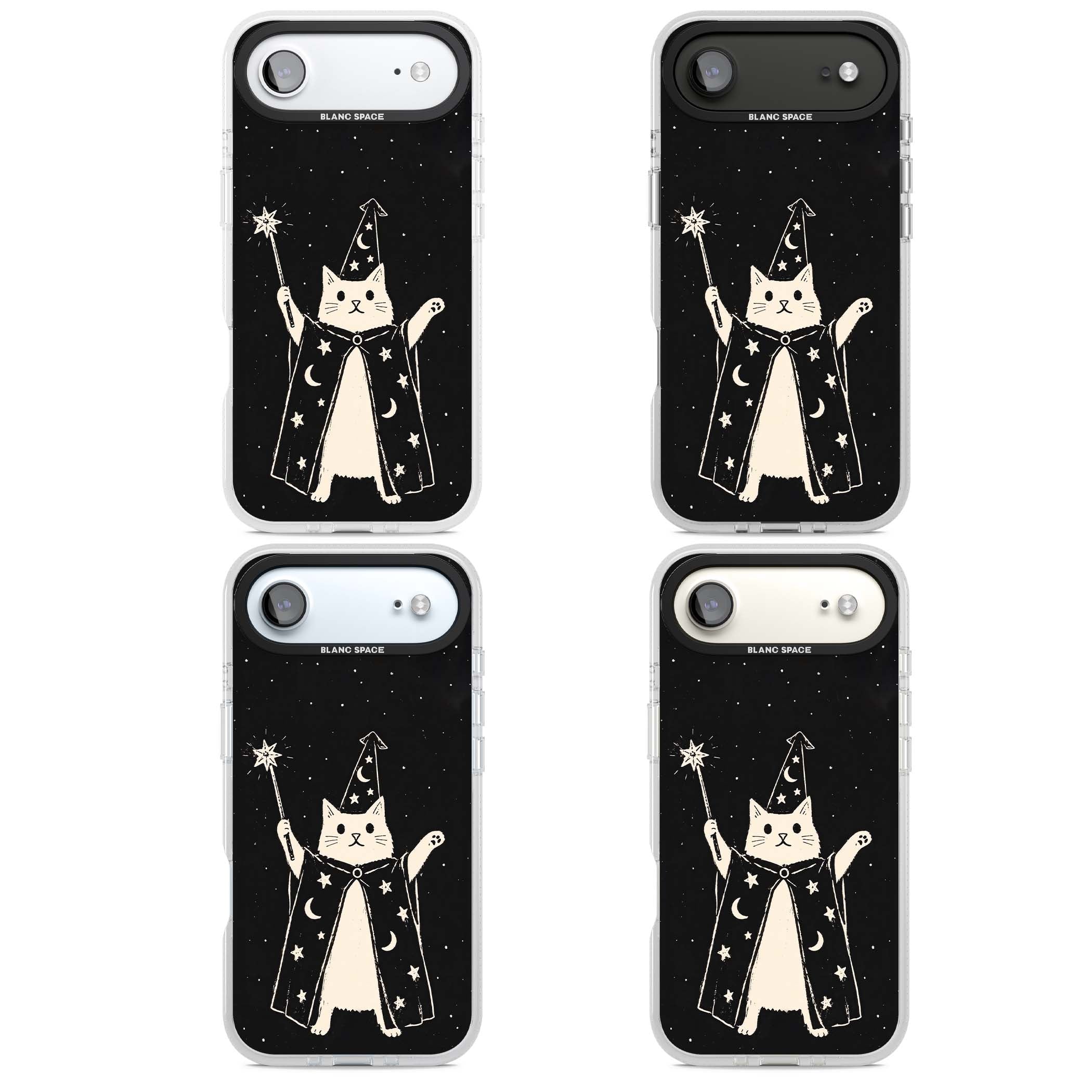 Whisker Wizard celestial cat iPhone case featuring a wizard cat with magic wand, starry night sky and crescent moons | Clear Case Impact Air case for iPhone Air