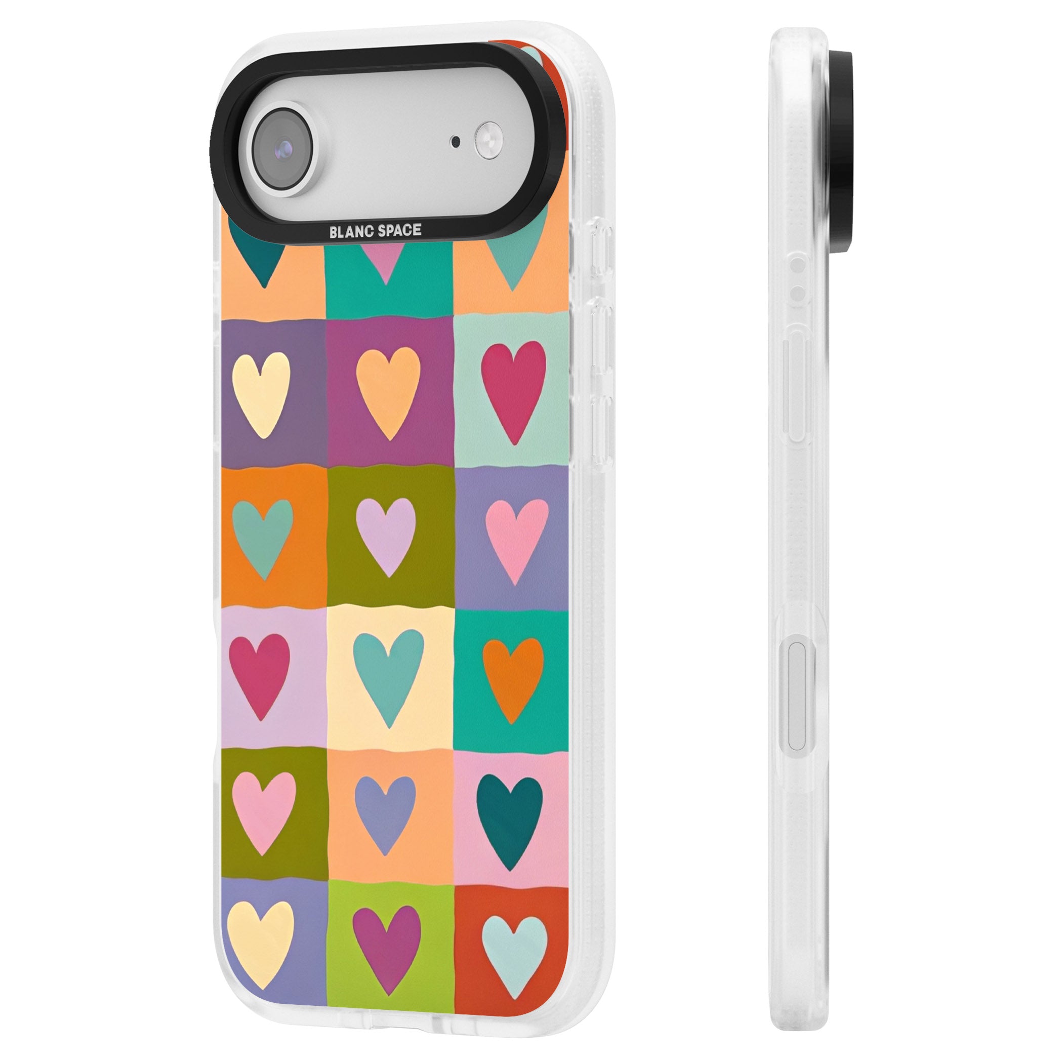 Multicolour Checked Hearts iPhone 17 Air Impact Air Clear Phone Case Side Profile