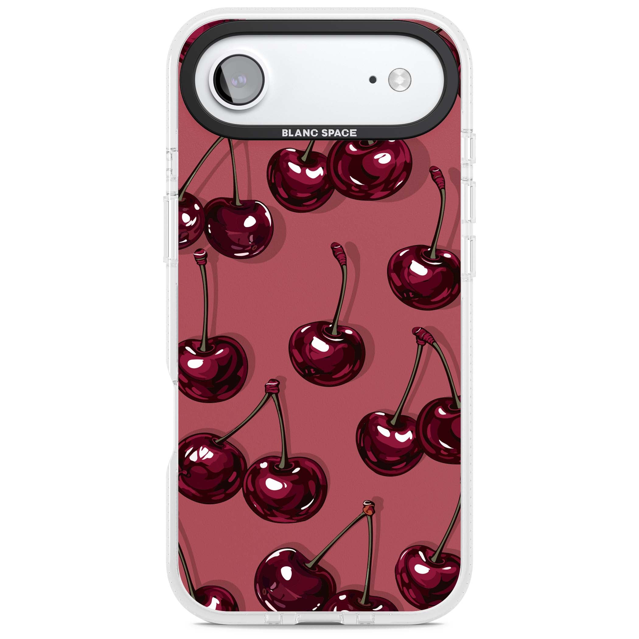 Cherry Rebel coquette iPhone case featuring glossy burgundy cherries on a dusty rose background | Clear Case Impact Air case for iPhone Air