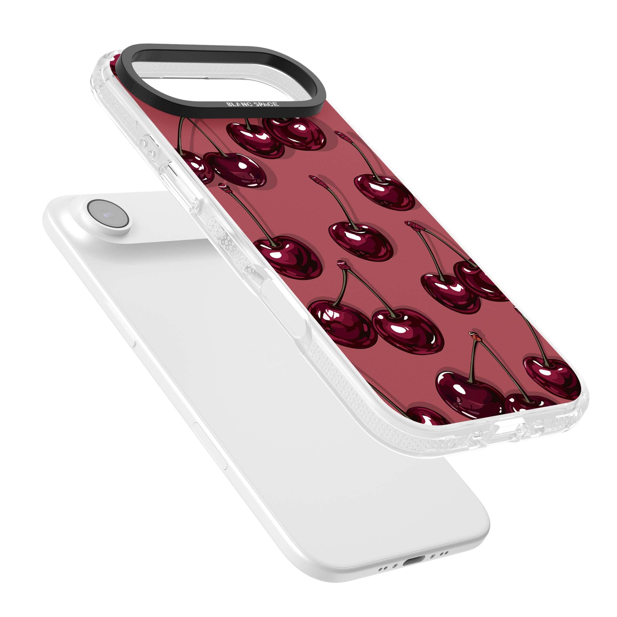 Cherry Rebel coquette iPhone case featuring glossy burgundy cherries on a dusty rose background | Clear Case Impact Air case for iPhone Air