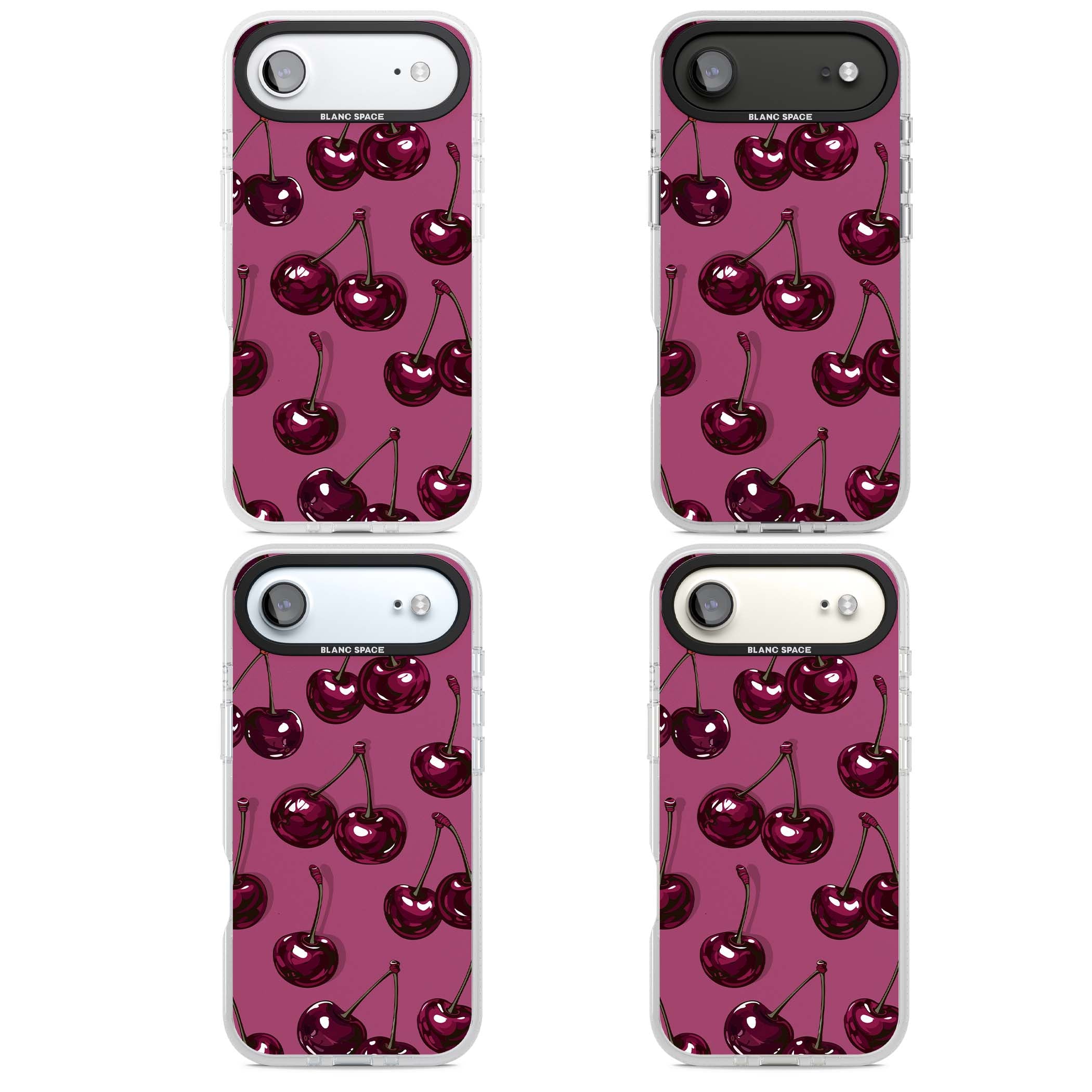 Cherry Soda coquette iPhone case featuring glossy burgundy cherries on a dusty pink background | Clear Case Impact Air case for iPhone Air
