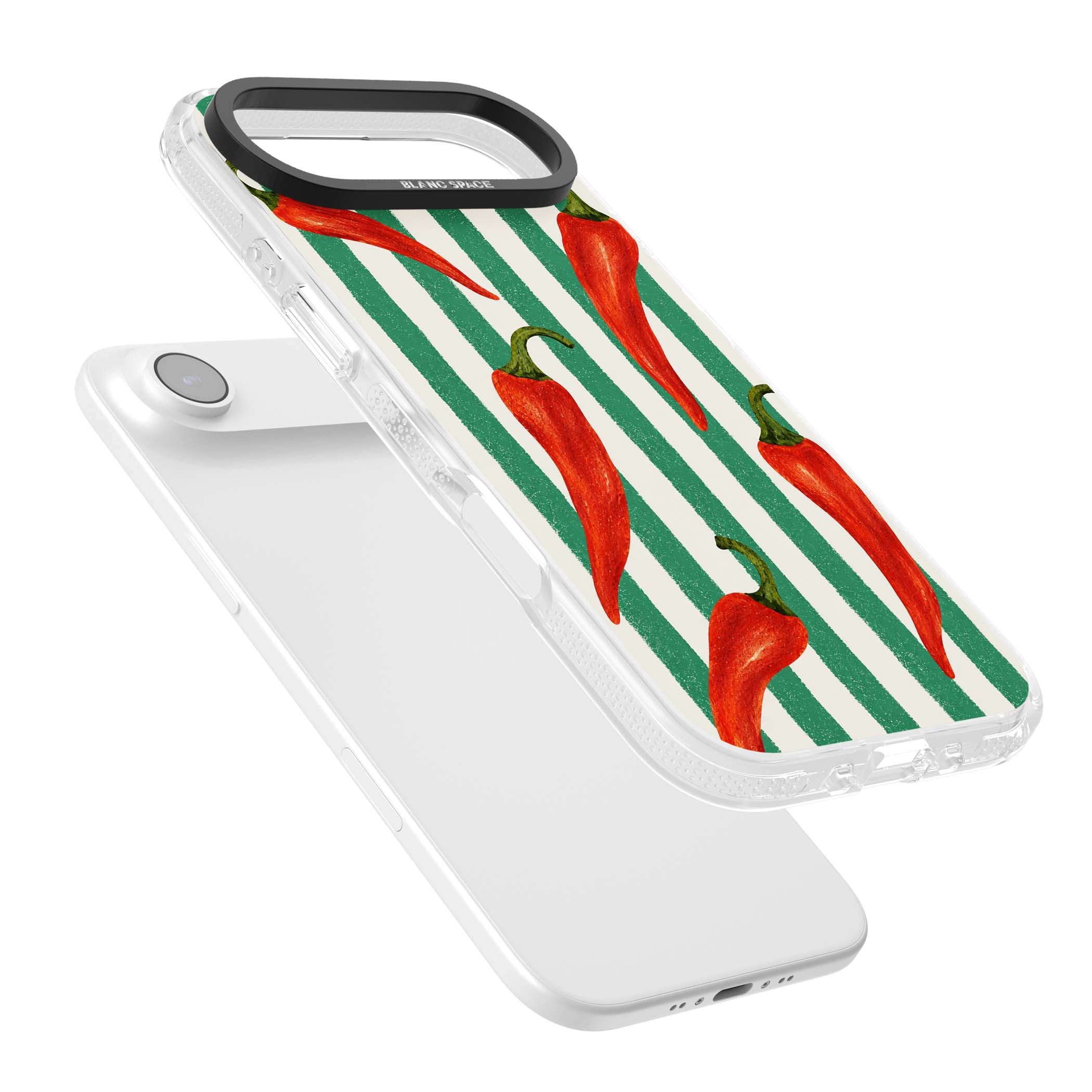 Striped Chillis coastal iPhone case featuring hand-painted red chili peppers on green and cream stripes | Clear Case Impact Air case for iPhone Air