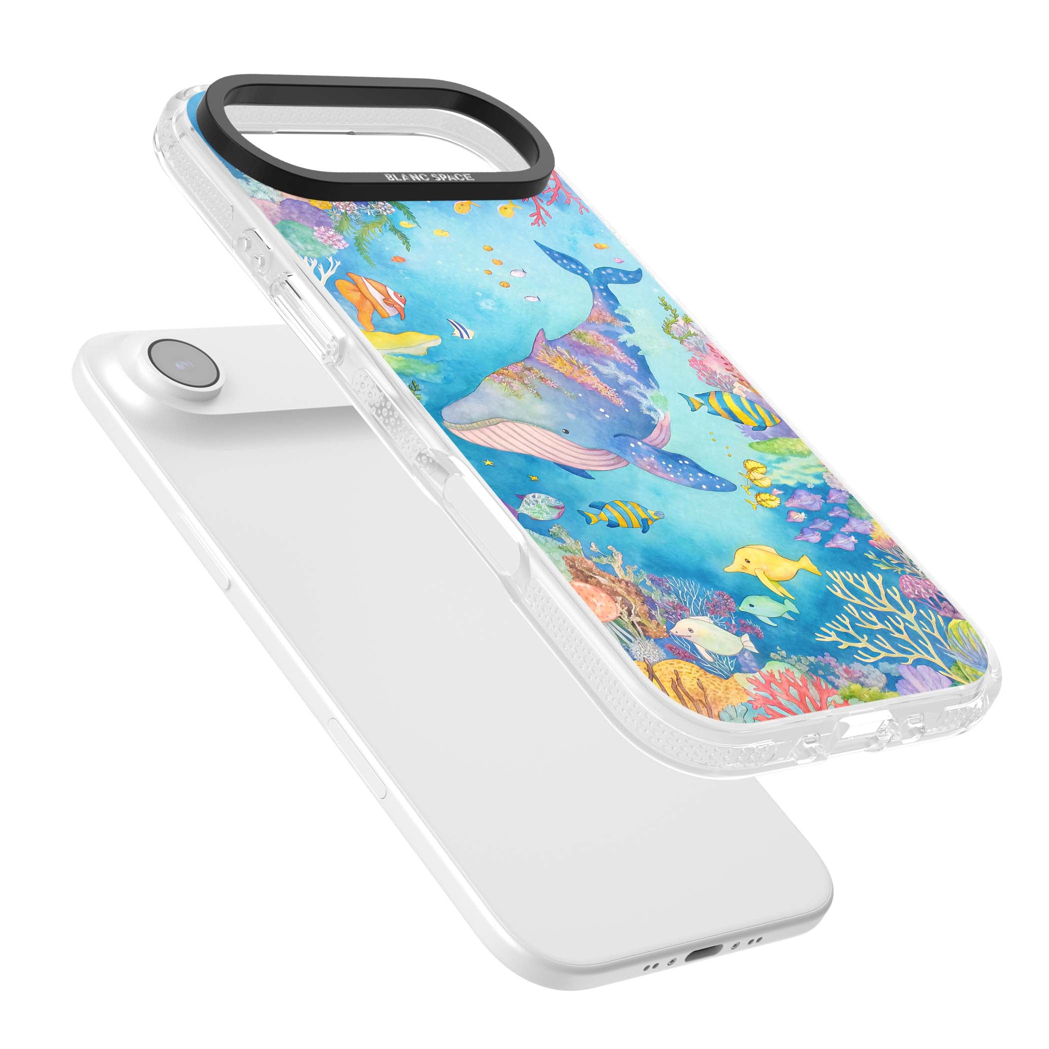 Coral Lagoon ocean iPhone case featuring a watercolour whale, coral reef and tropical fish | Clear Case Impact Air case for iPhone Air