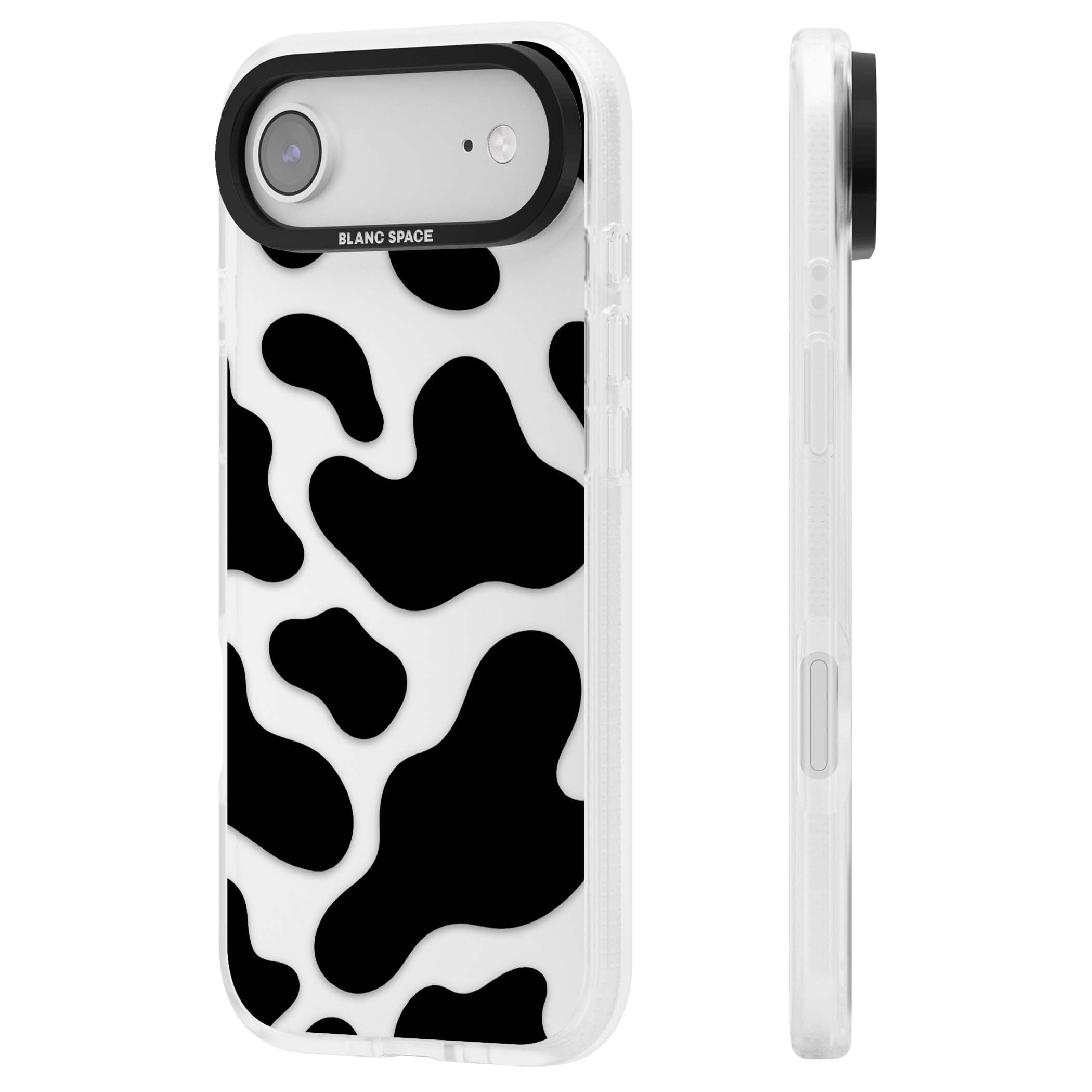Clear Cow Print cow print iPhone case featuring black and white cow pattern splotches on a clear background | Clear Case Impact Air case for iPhone Air