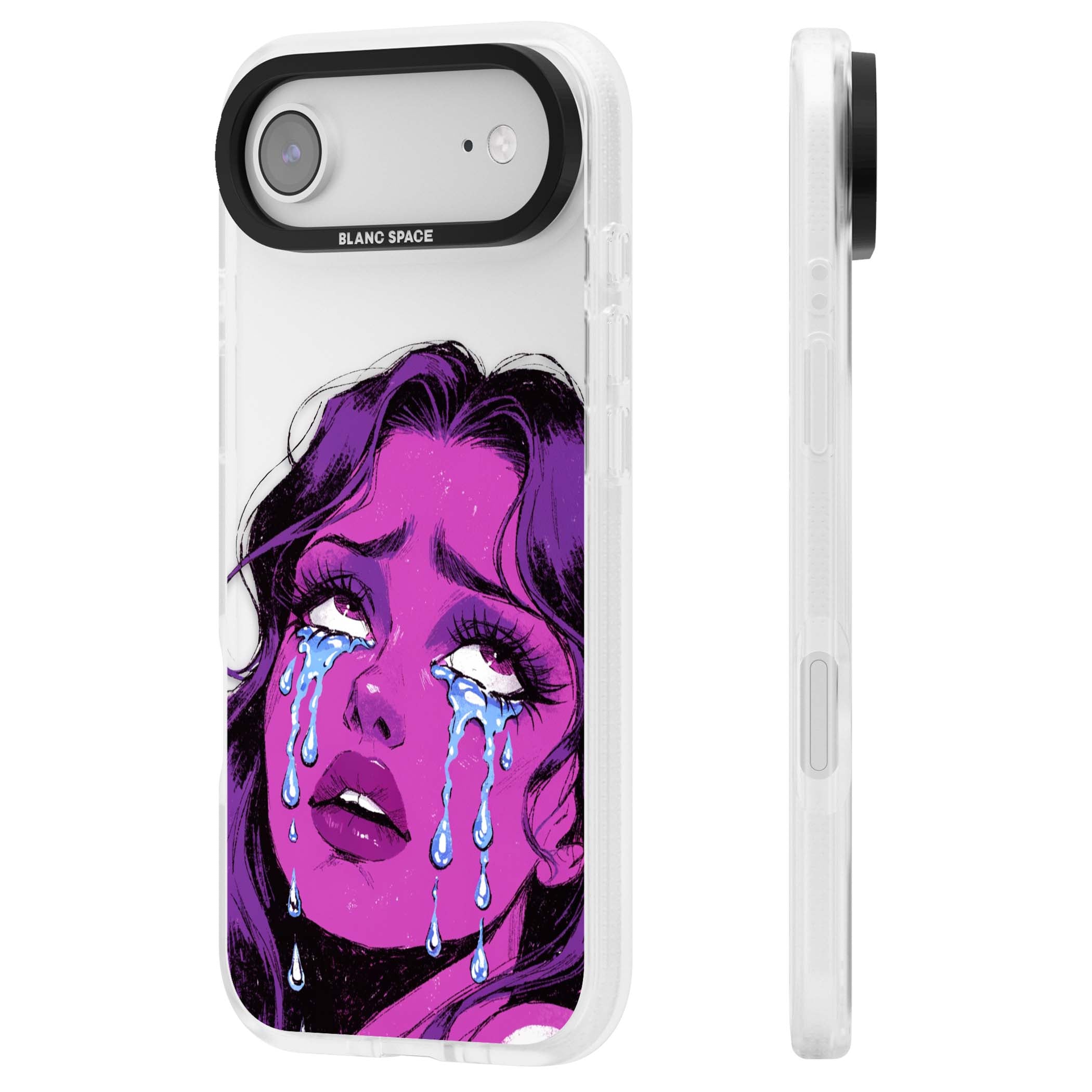 Drama Queen pop art iPhone case featuring a purple crying comic girl with blue tears | Clear Case Impact Air case for iPhone Air