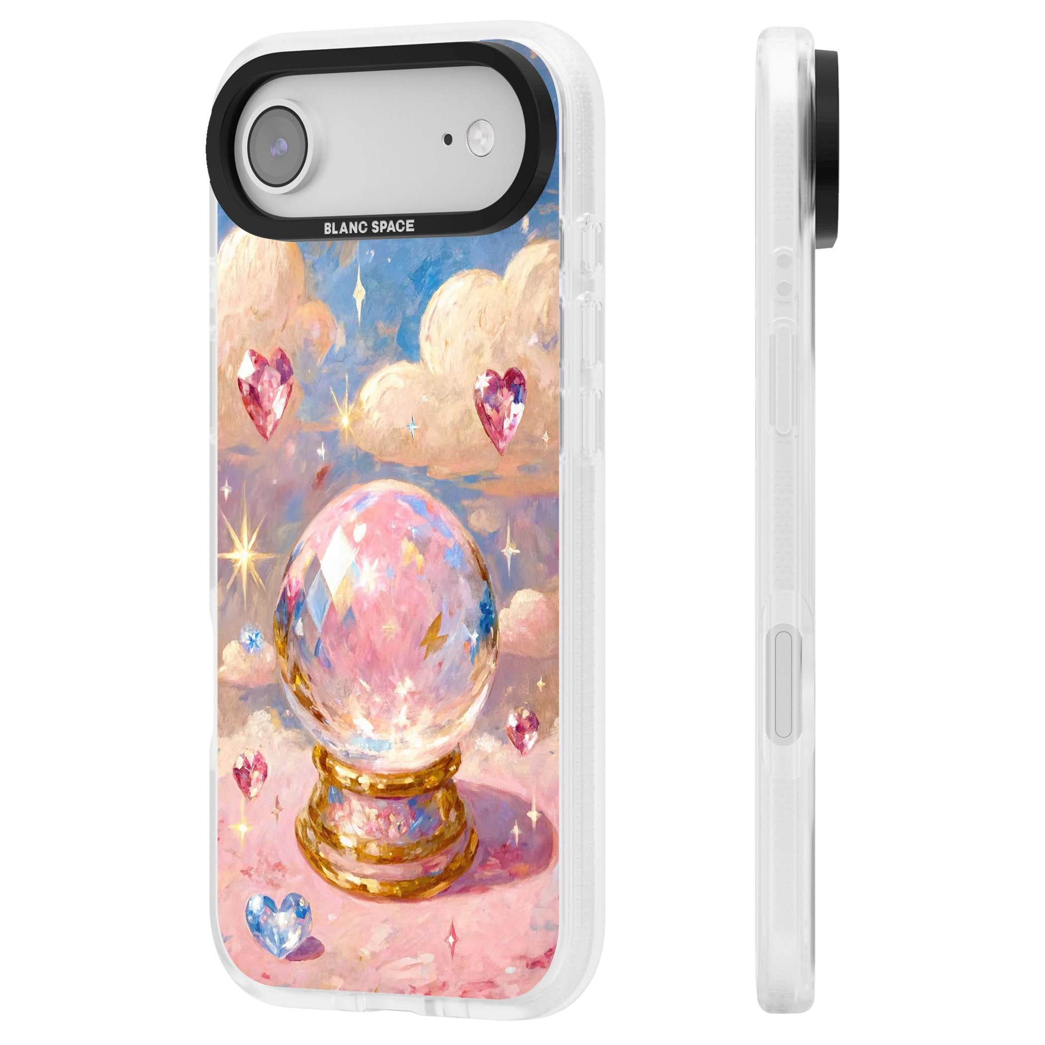 Crystal Ball fairycore iPhone case featuring a painted crystal ball, heart gemstones, and pastel clouds | Clear Case Impact Air case for iPhone Air
