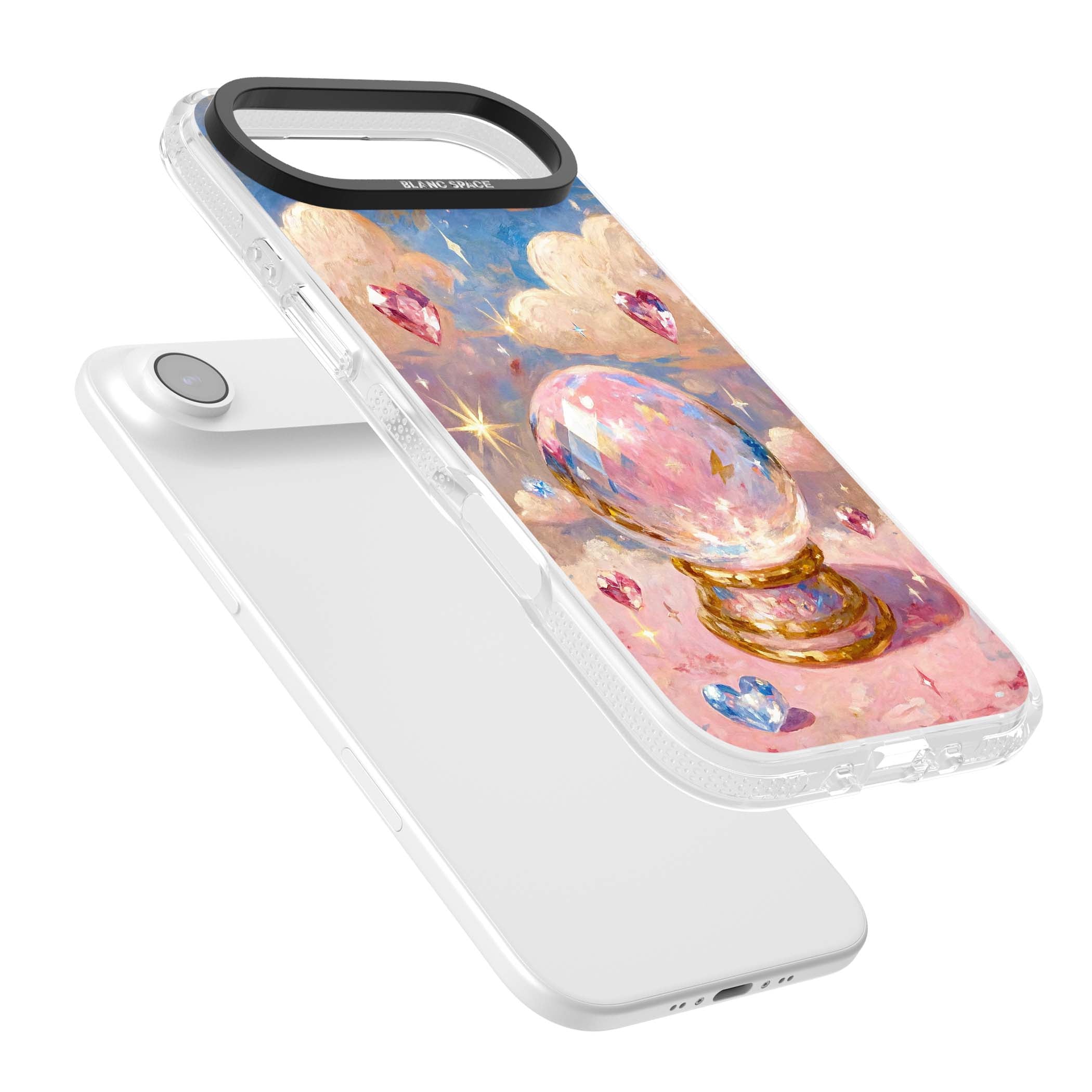 Crystal Ball fairycore iPhone case featuring a painted crystal ball, heart gemstones, and pastel clouds | Clear Case Impact Air case for iPhone Air