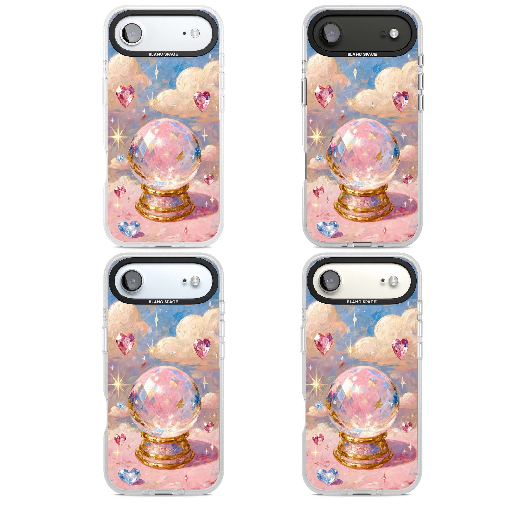 Crystal Ball fairycore iPhone case featuring a painted crystal ball, heart gemstones, and pastel clouds | Clear Case Impact Air case for iPhone Air