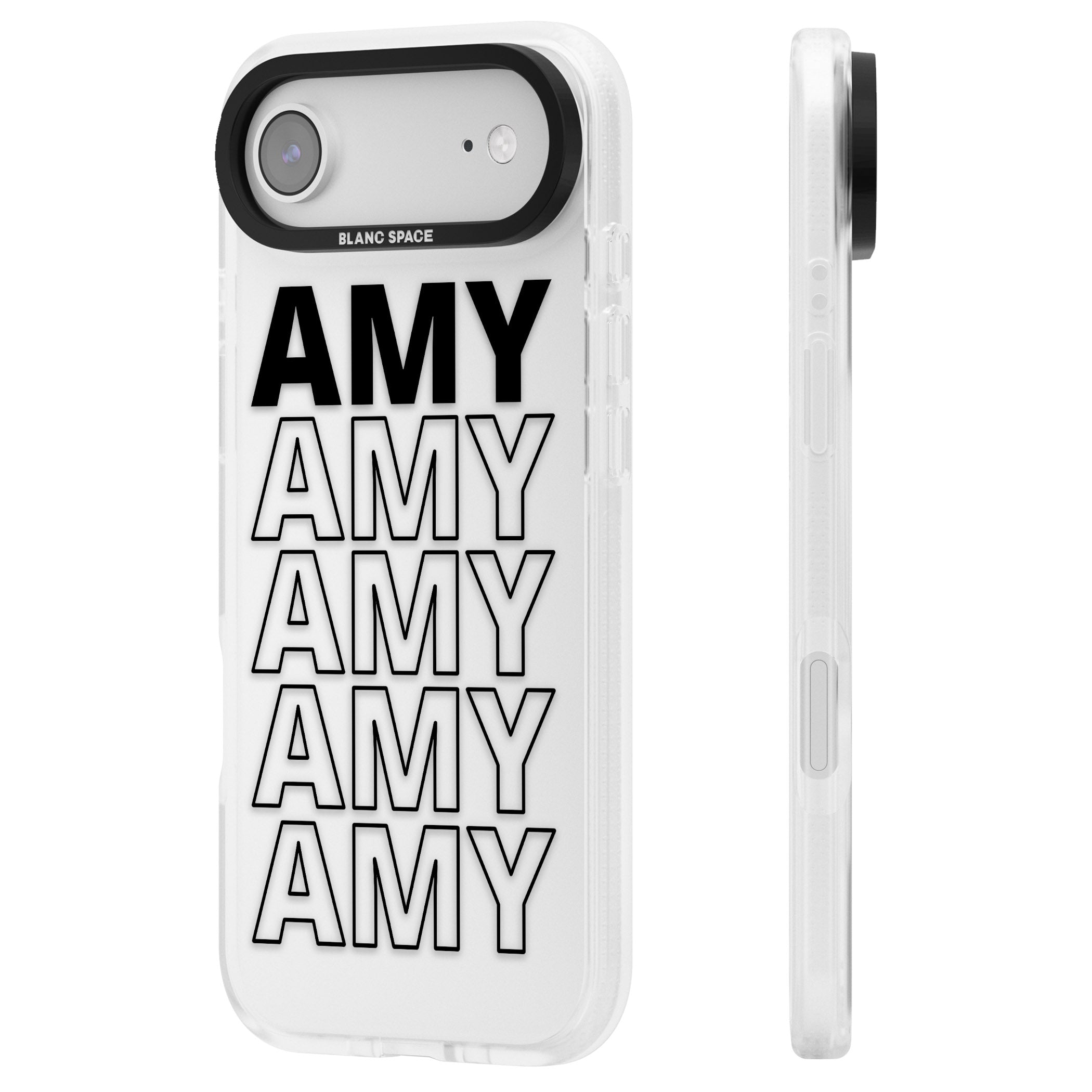 Personalised Bold Name Repetition iPhone 17 Air Impact Air Clear Phone Case Side Profile