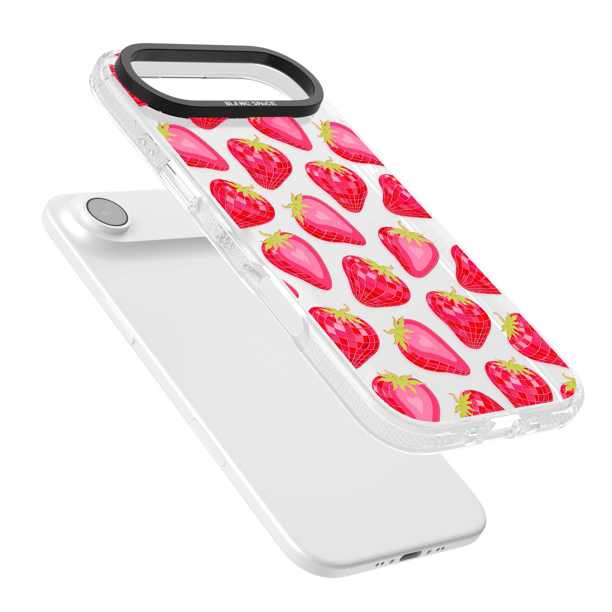 Disco Strawberry Y2K iPhone case featuring pink disco-ball strawberries, green leaves and tiny sparkles | Clear Case Impact Air case for iPhone Air
