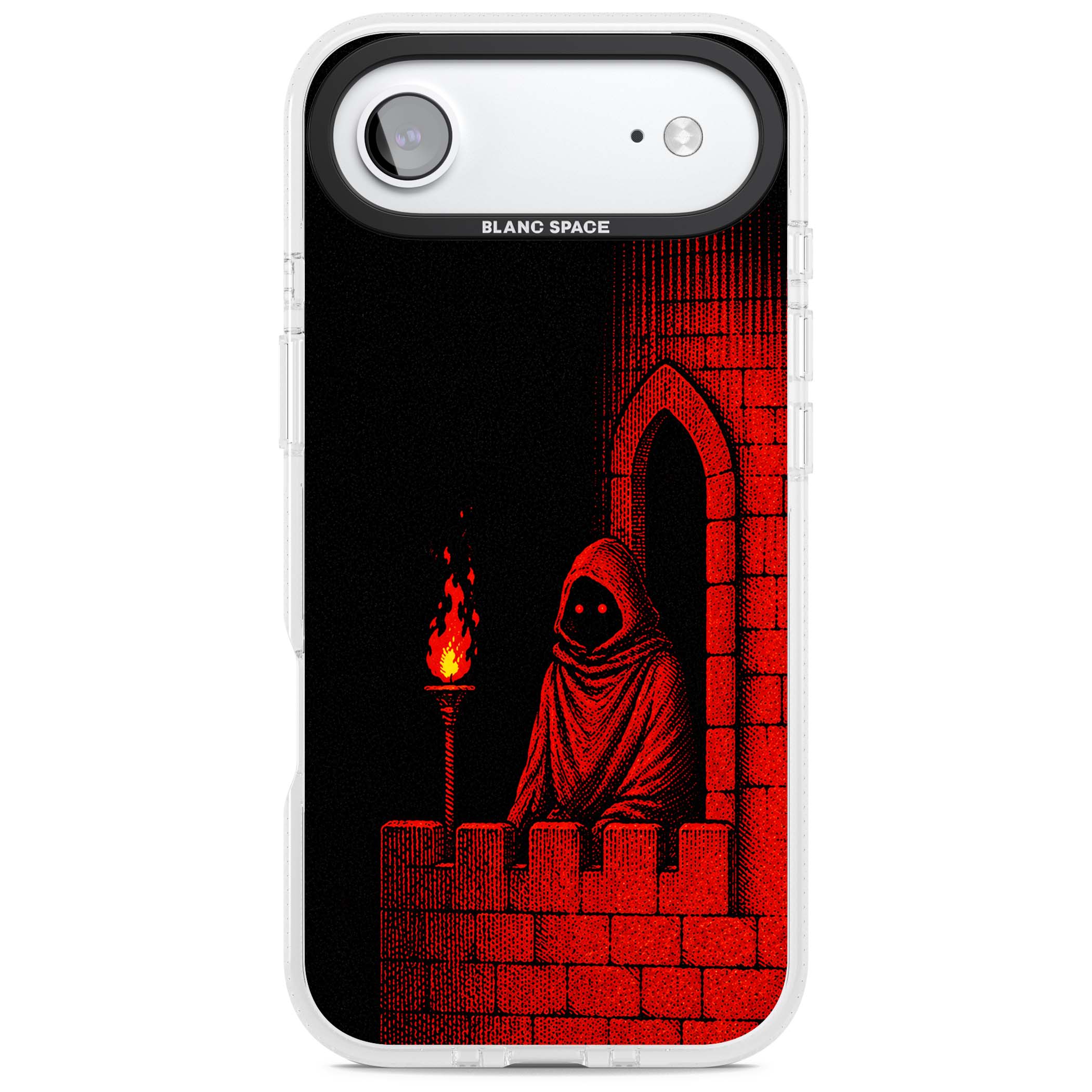Crimson Crypt gothic iPhone case featuring a hooded reaper, torchlit crypt archway and red halftone horror art | Clear Case Impact Air case for iPhone Air