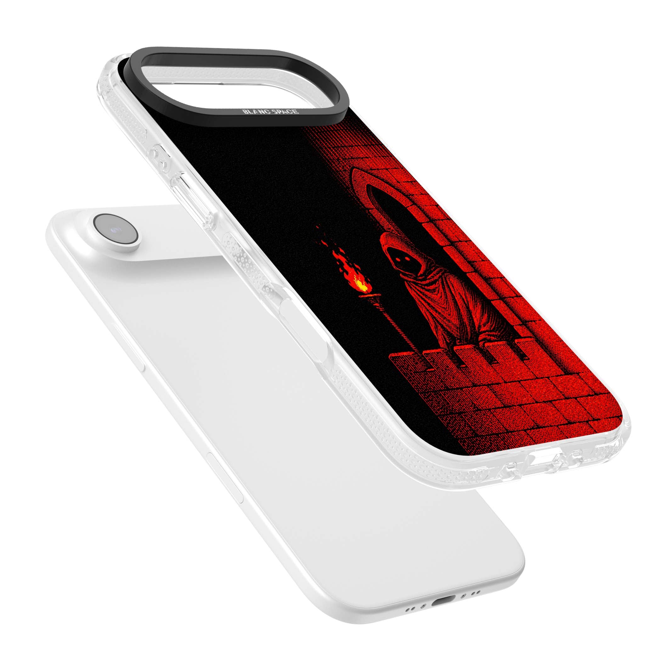 Crimson Crypt gothic iPhone case featuring a hooded reaper, torchlit crypt archway and red halftone horror art | Clear Case Impact Air case for iPhone Air