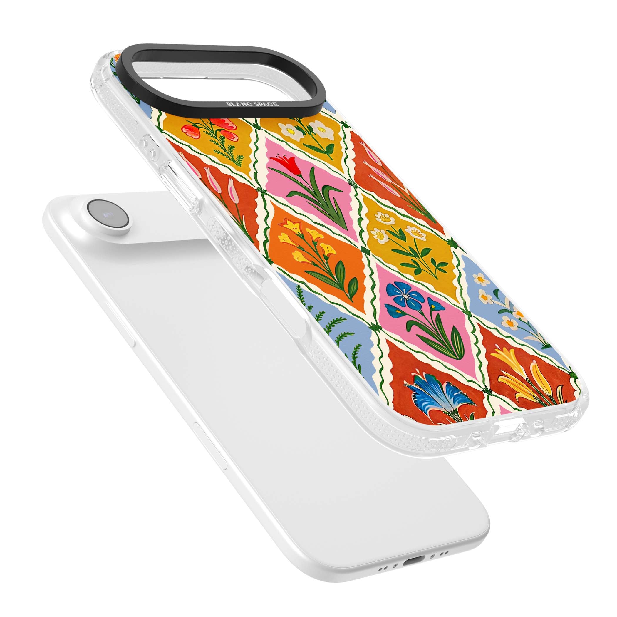 Floral Quilt boho floral iPhone case featuring diamond lattice pattern, hand-painted tulips and folk art wildflowers | Clear Case Impact Air case for iPhone Air