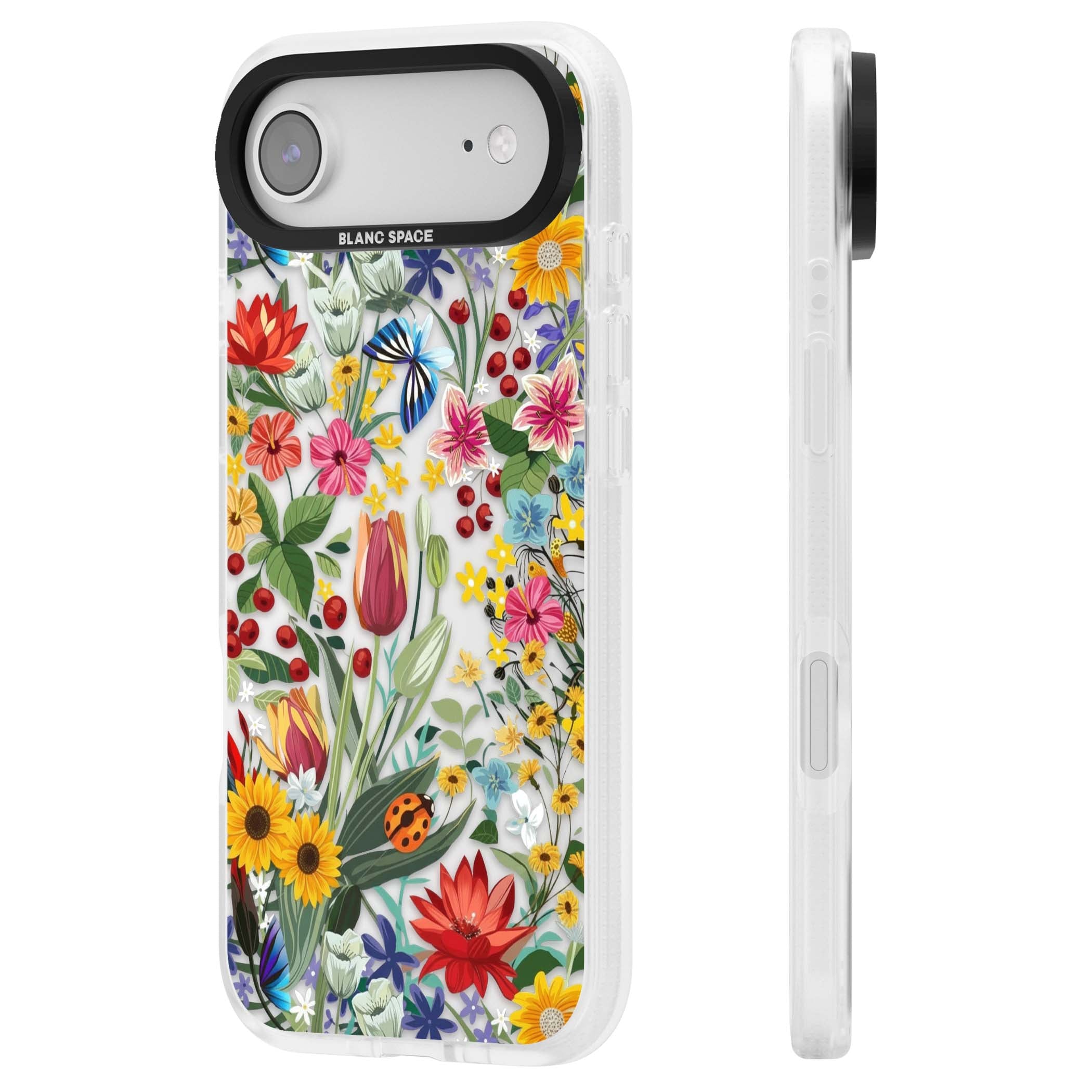 Botanical Bloom cottagecore iPhone case featuring colorful wildflowers, sunflowers, and ladybugs on clear background | Clear Case Impact Air case for iPhone Air