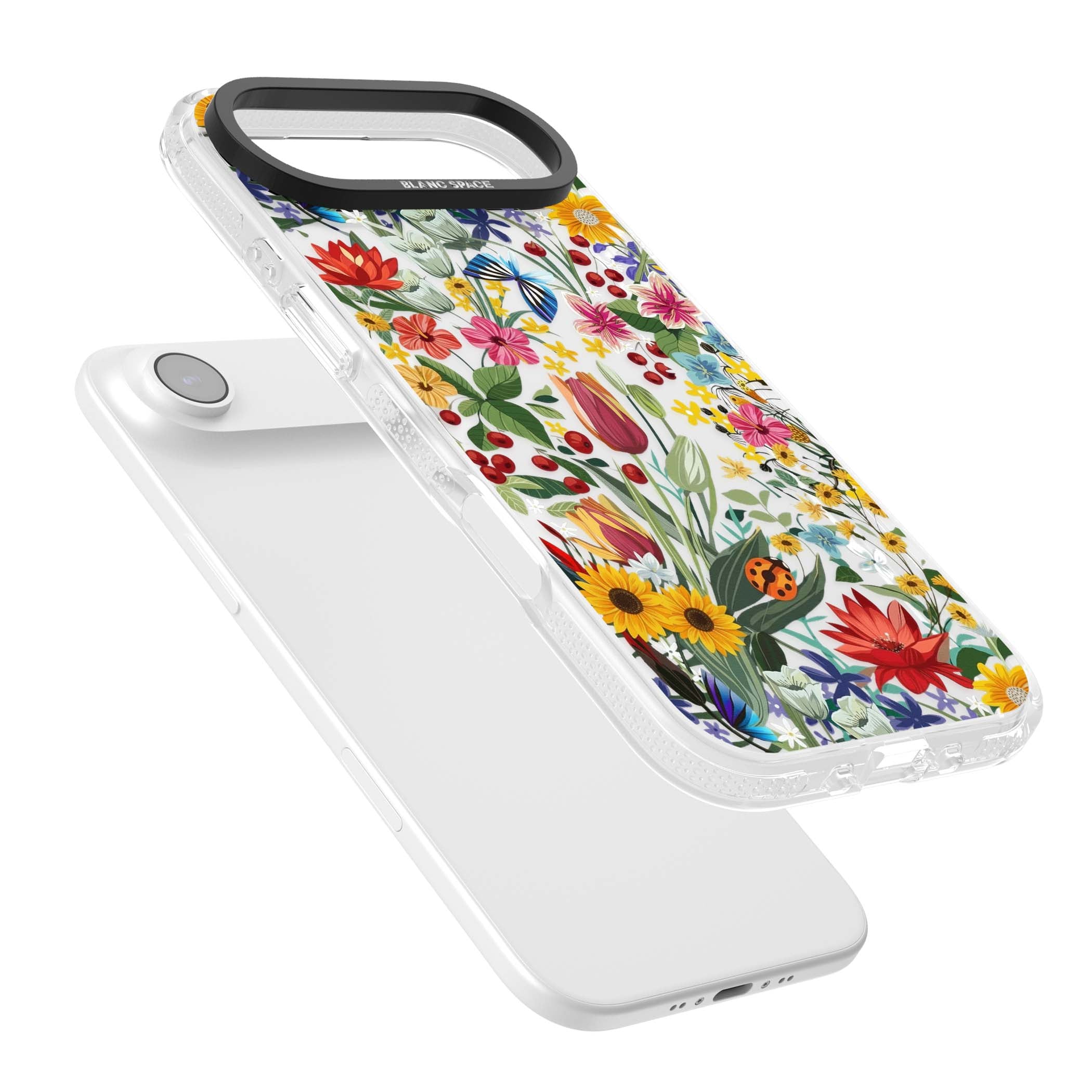 Botanical Bloom cottagecore iPhone case featuring colorful wildflowers, sunflowers, and ladybugs on clear background | Clear Case Impact Air case for iPhone Air