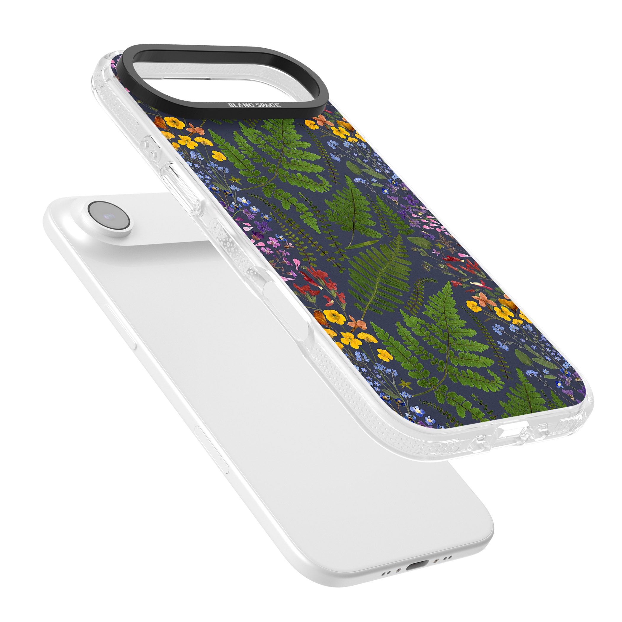 Busy Floral And Fern Design Navy iPhone 17 Air Impact Air Clear Phone Case Colours