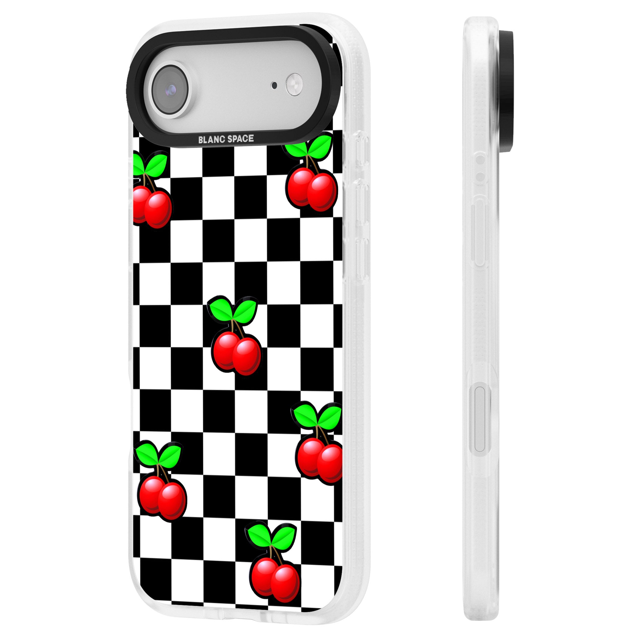 Checkered Cherry iPhone 17 Air Impact Air Clear Phone Case Side Profile