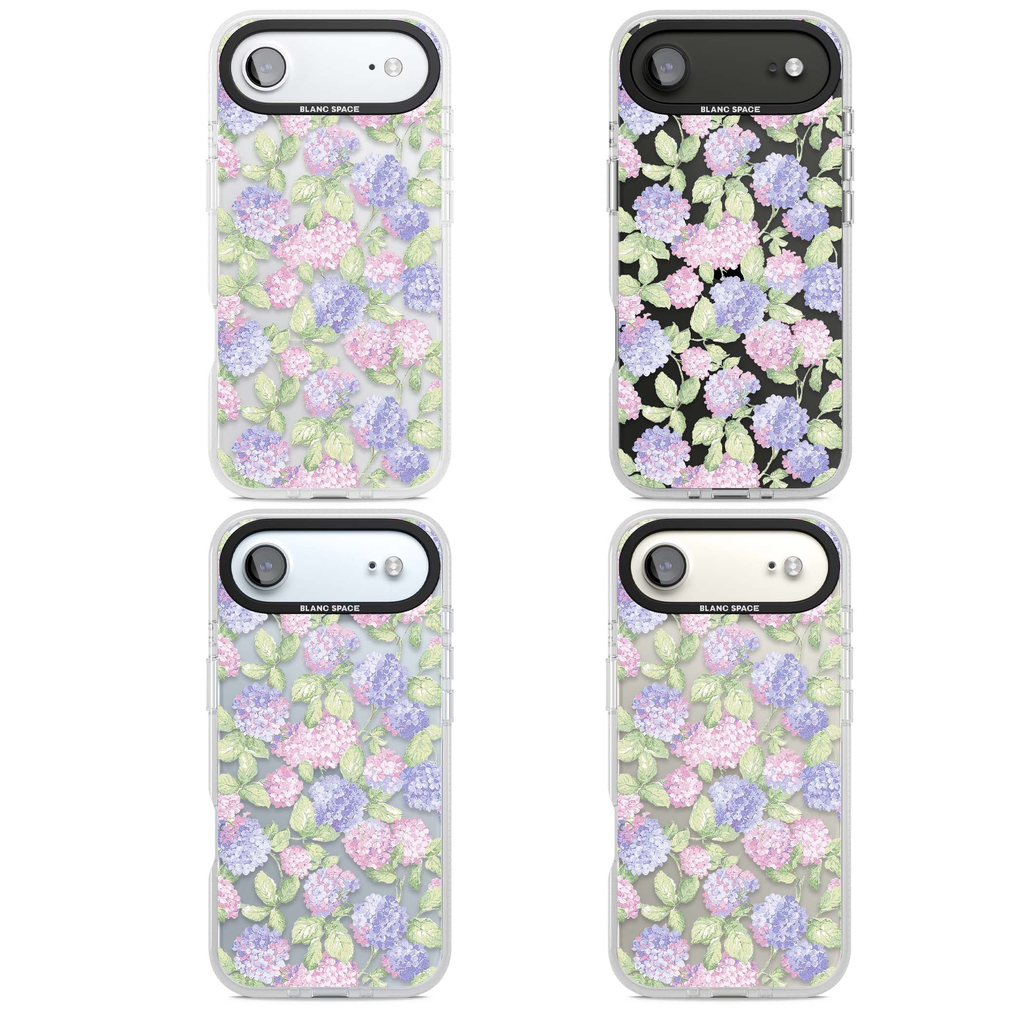 Cottage Hydrangea cottagecore iPhone case featuring pink and purple hydrangea blooms with green leaves on a clear background | Clear Case Impact Air case for iPhone Air