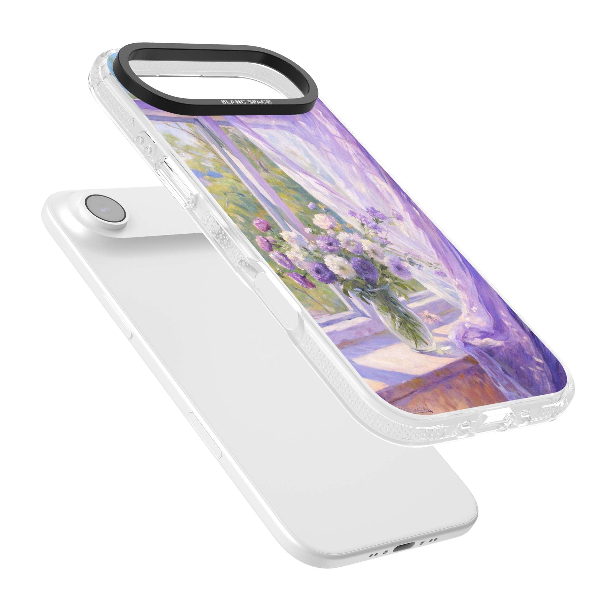 A Provence Morning impressionist art iPhone case featuring a vase of purple flowers, sunlit window and sheer curt | Clear Case Impact Air case for iPhone Air