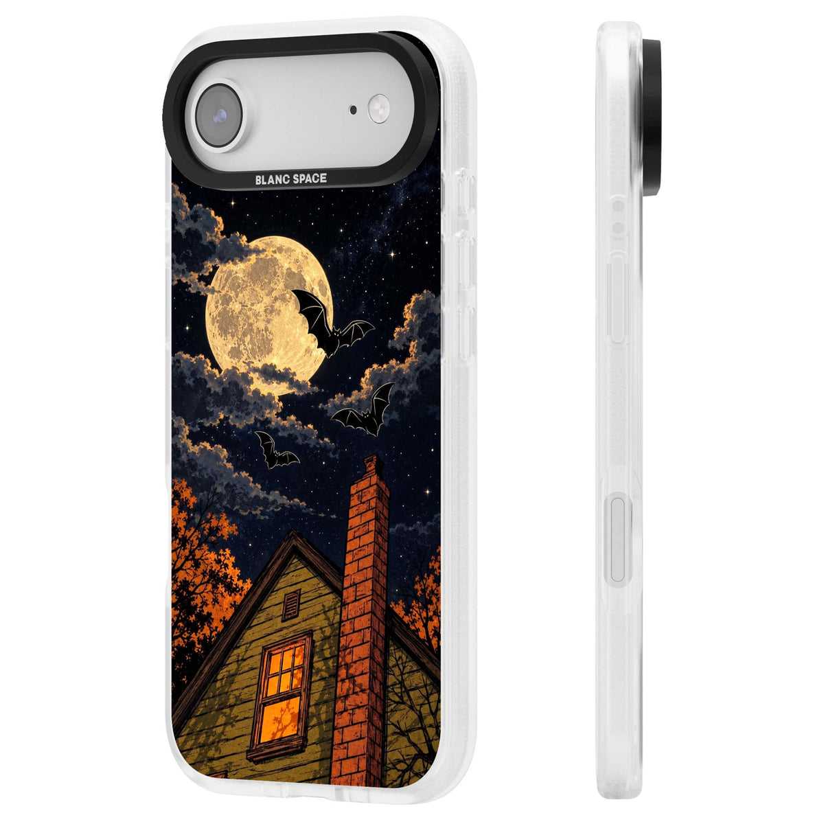 Hollows Eve Halloween iPhone case featuring a haunted house, full moon and flying bats against a starry autumn sky | Clear Case Impact Air case for iPhone Air