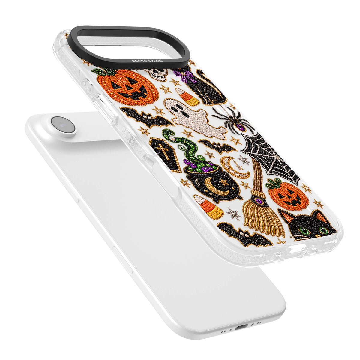Beaded Halloween Halloween iPhone case featuring beaded pumpkins, ghosts, black cats and bats | Clear Case Impact Air case for iPhone Air