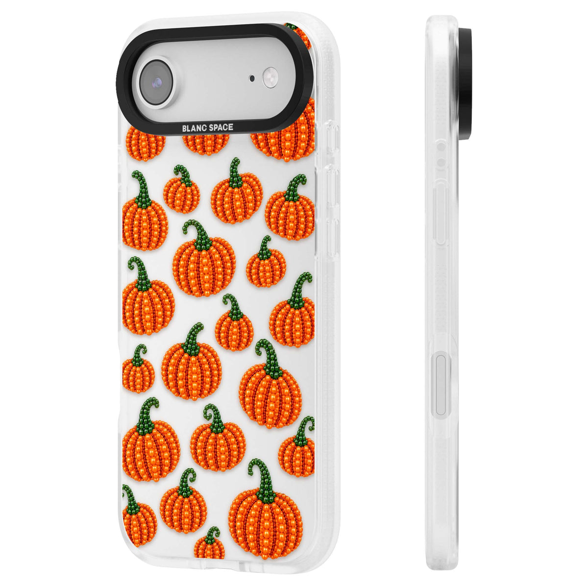 Beaded Pumpkins halloween iPhone case featuring beaded orange pumpkins with green stems on a clear background | Clear Case Impact Air case for iPhone Air
