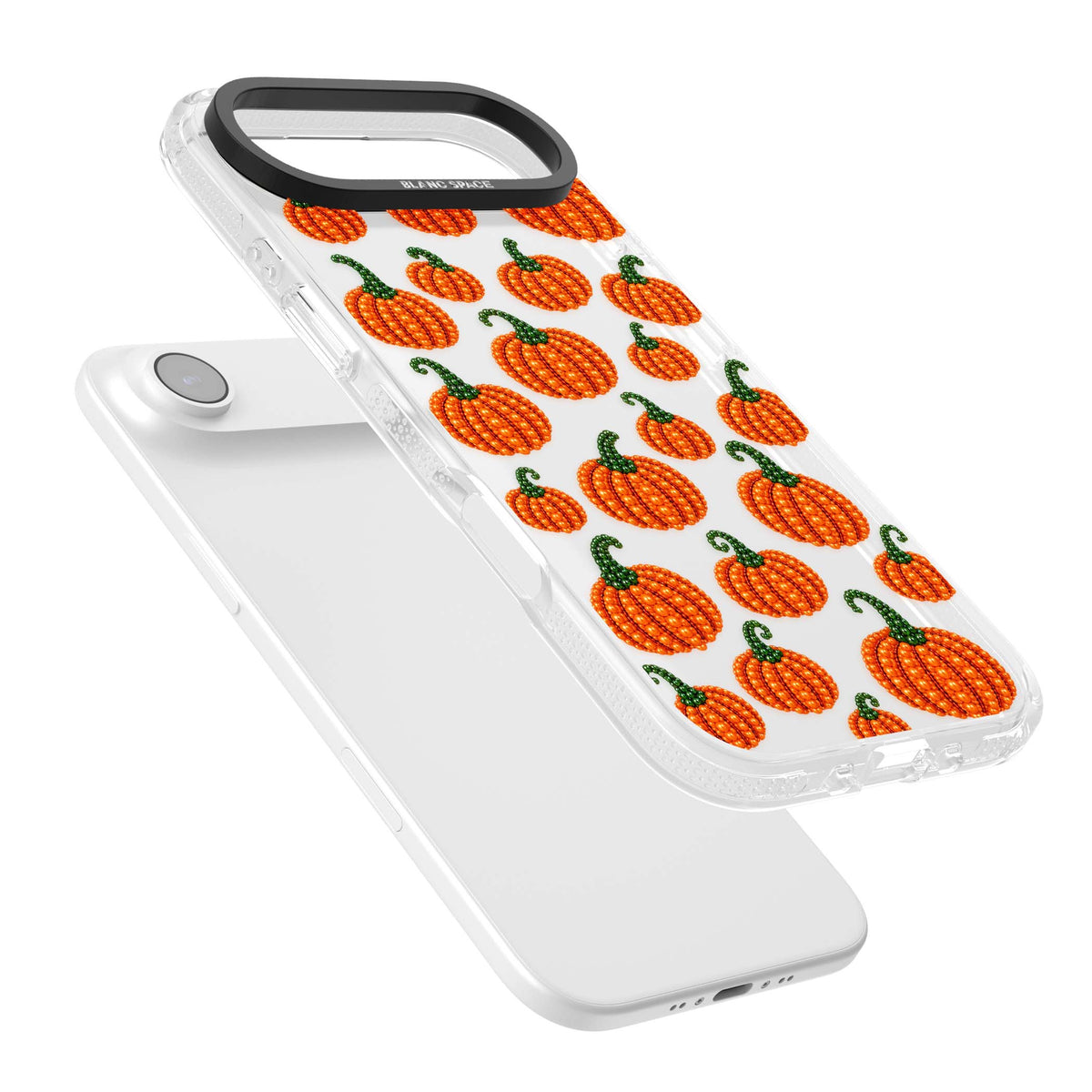 Beaded Pumpkins halloween iPhone case featuring beaded orange pumpkins with green stems on a clear background | Clear Case Impact Air case for iPhone Air