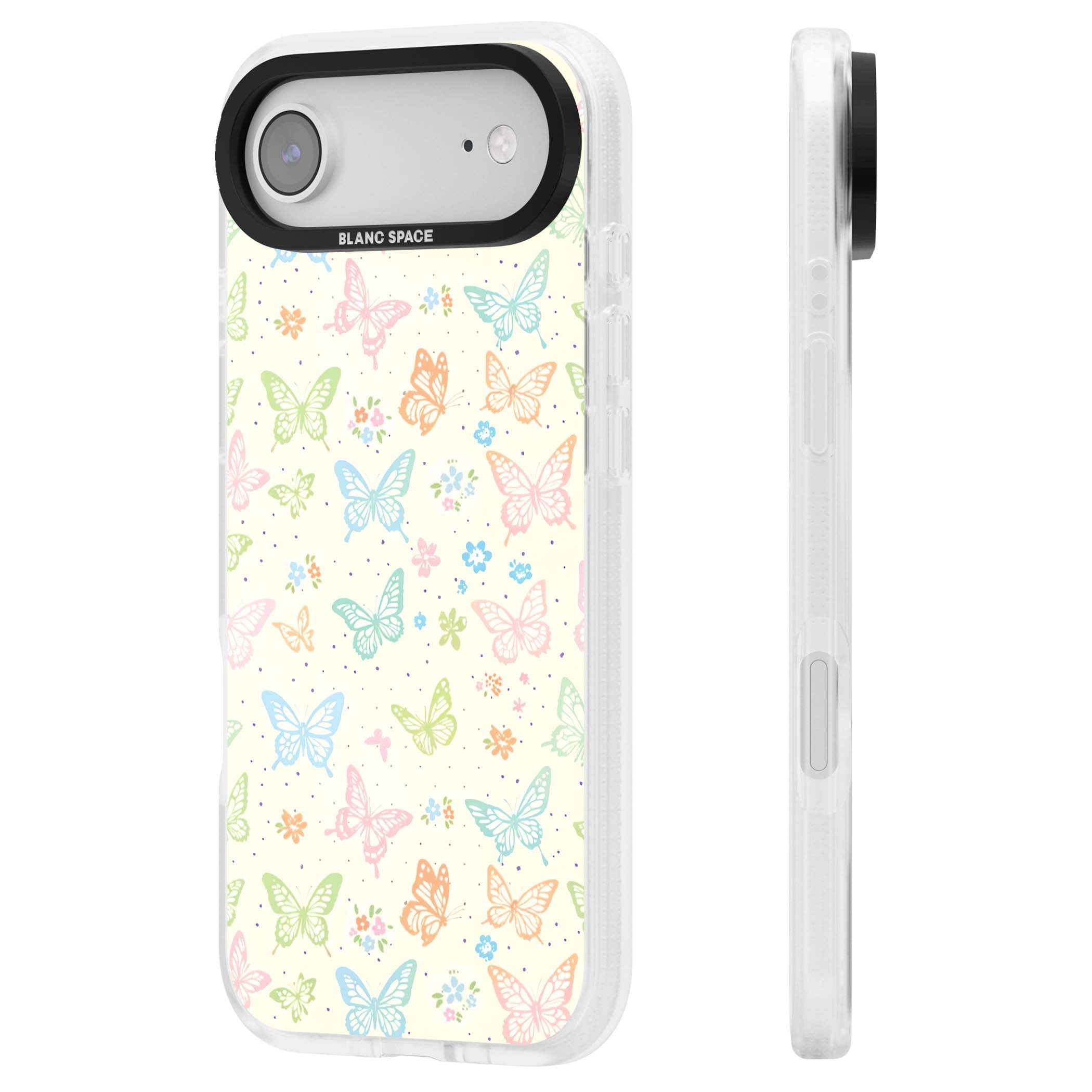 Sugar Wings cottagecore iPhone case featuring rainbow pastel butterflies, tiny wildflowers, and a cream background | Clear Case Impact Air case for iPhone Air