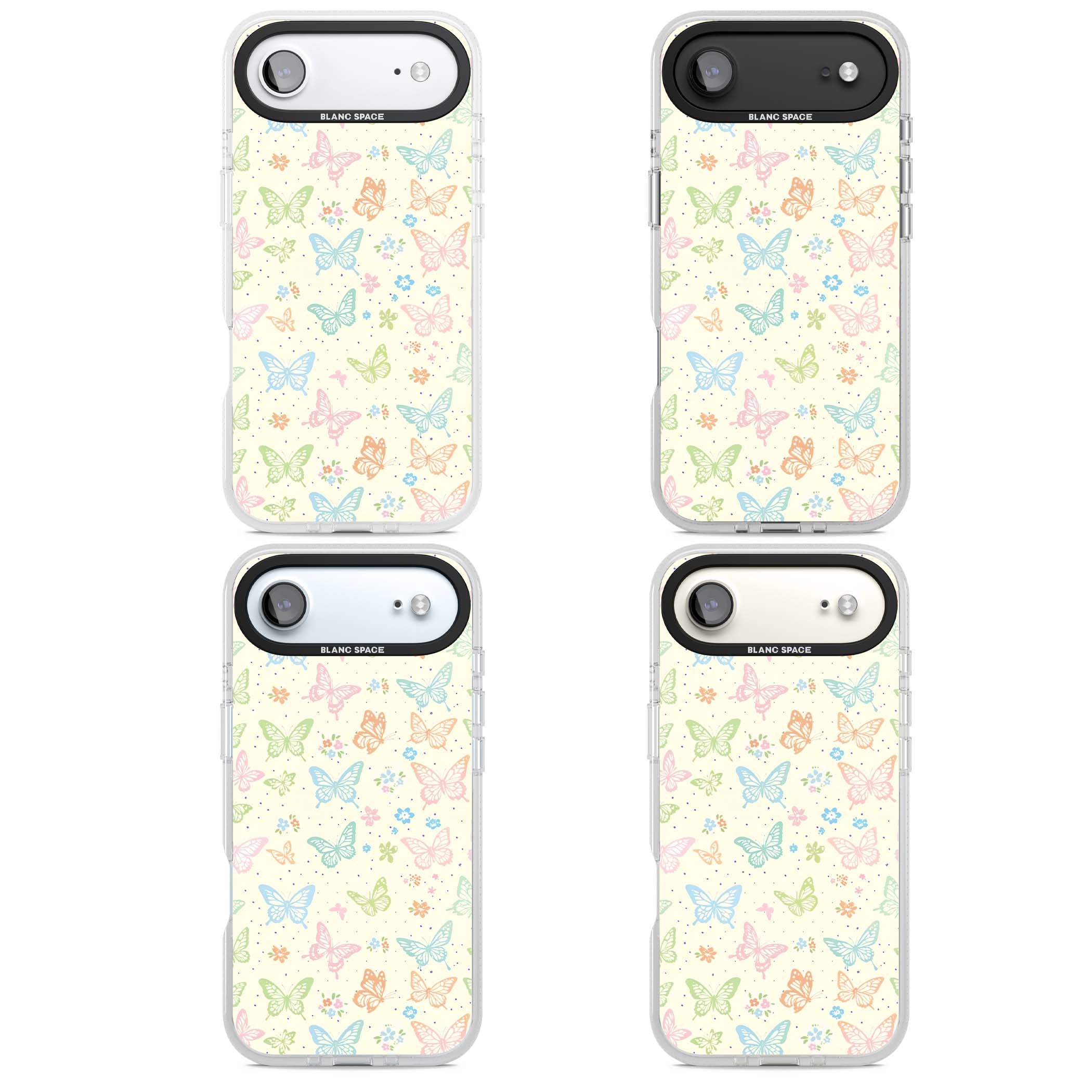 Sugar Wings cottagecore iPhone case featuring rainbow pastel butterflies, tiny wildflowers, and a cream background | Clear Case Impact Air case for iPhone Air