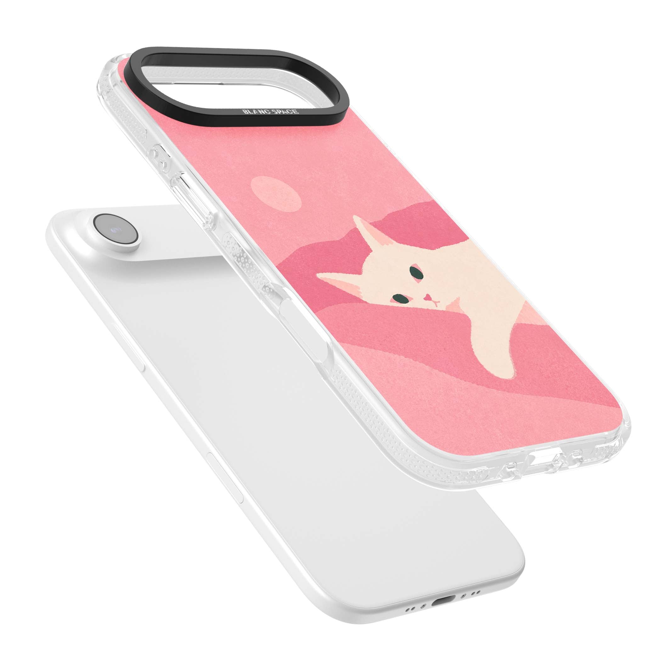 Pink Dreams cute cat iPhone case featuring a white kitten, soft pink hills and a pale pastel sun | Clear Case Impact Air case for iPhone Air