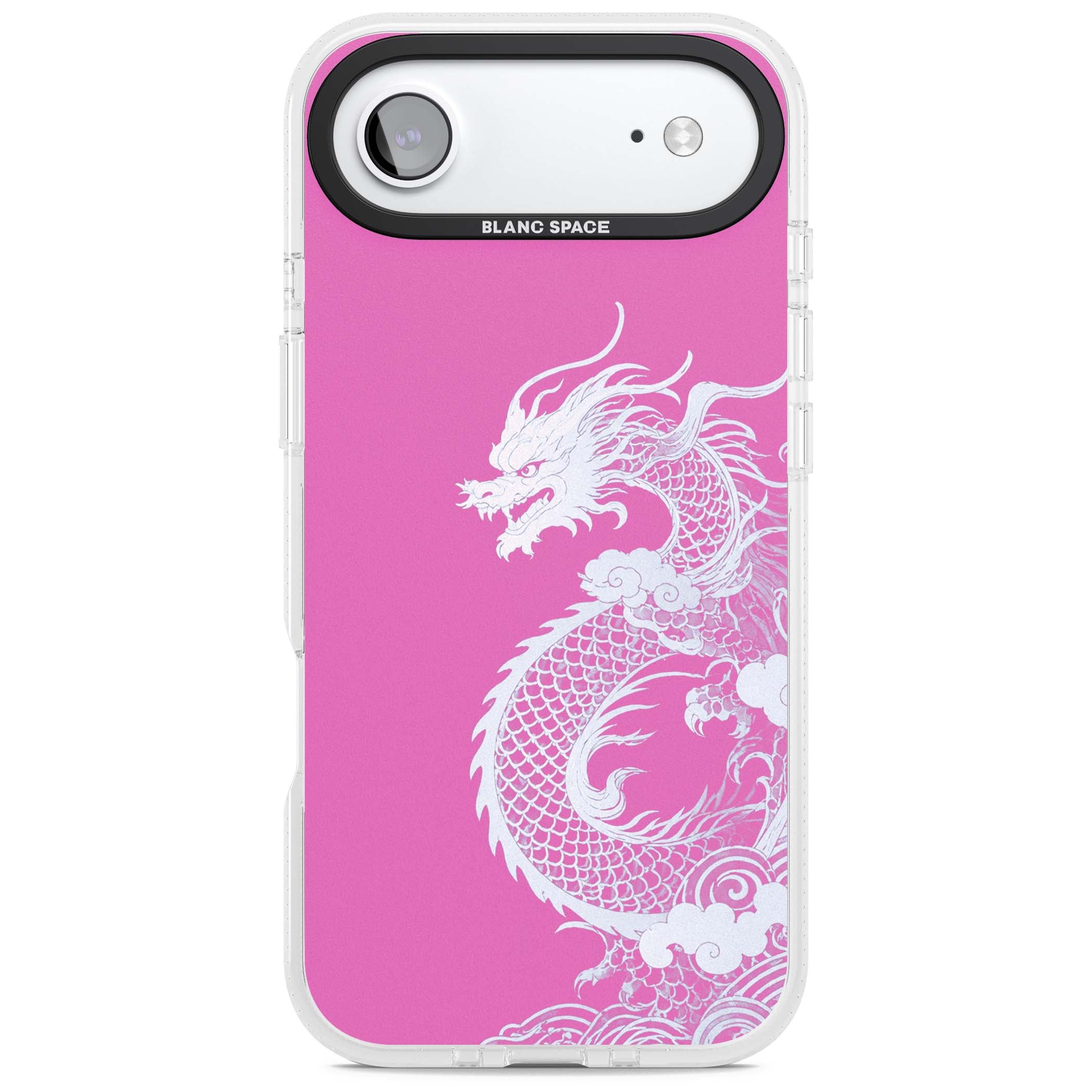 Pink Empress chinese dragon iPhone case featuring a white dragon, swirling clouds and pink dragon wallpaper backdrop | Clear Case Impact Air case for iPhone Air